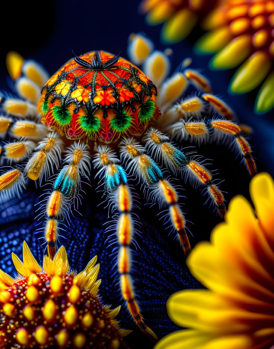 Colorful Spider on Blue Surface Among Yellow and Orange Flowers