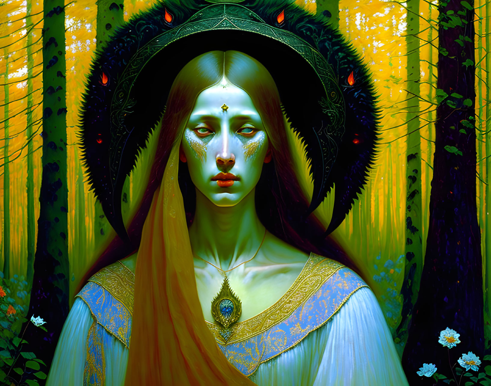 Elaborate headgear woman in golden attire in mystical forest