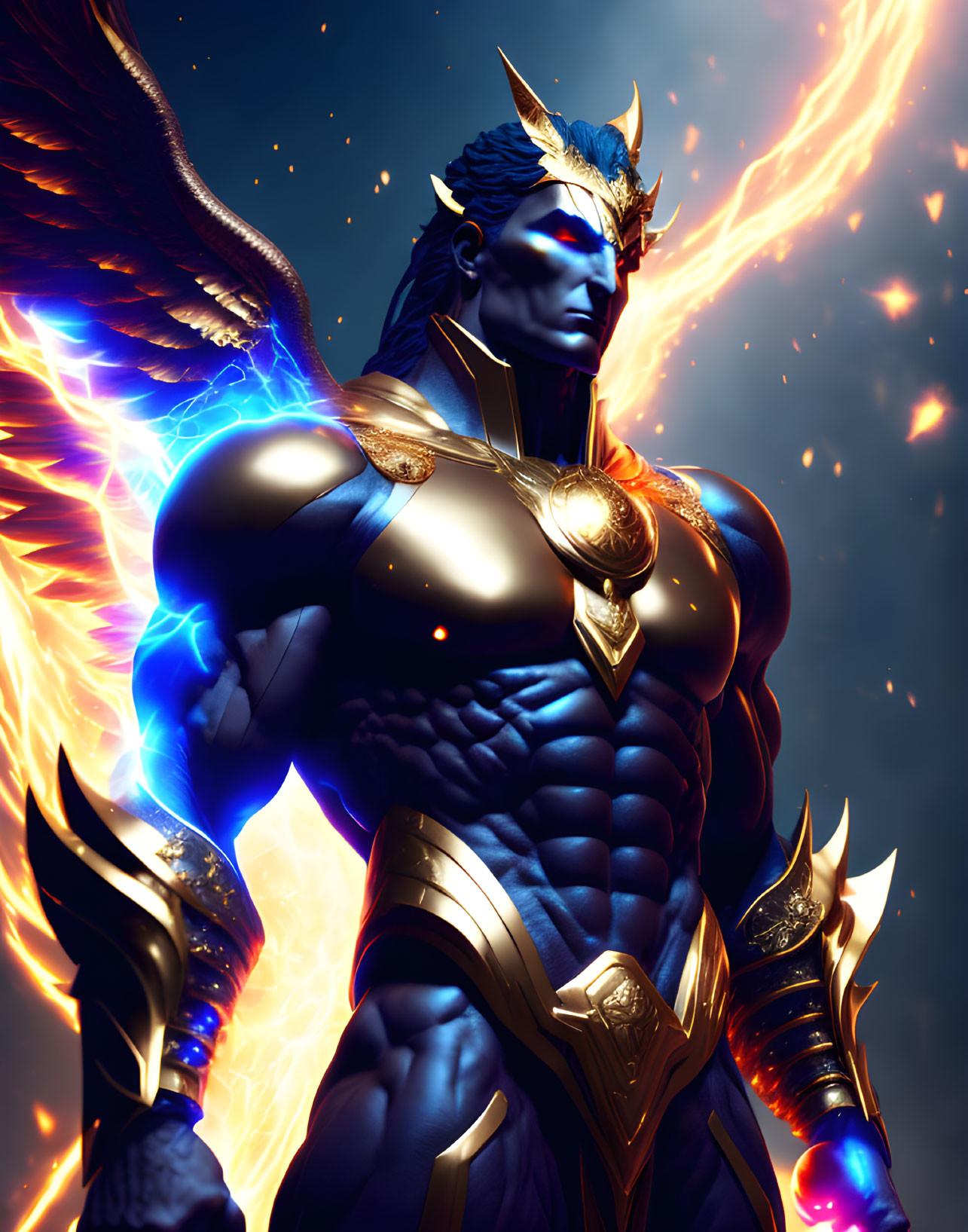 Blue-skinned warrior in golden armor and crown with glowing eyes in dark, starry setting