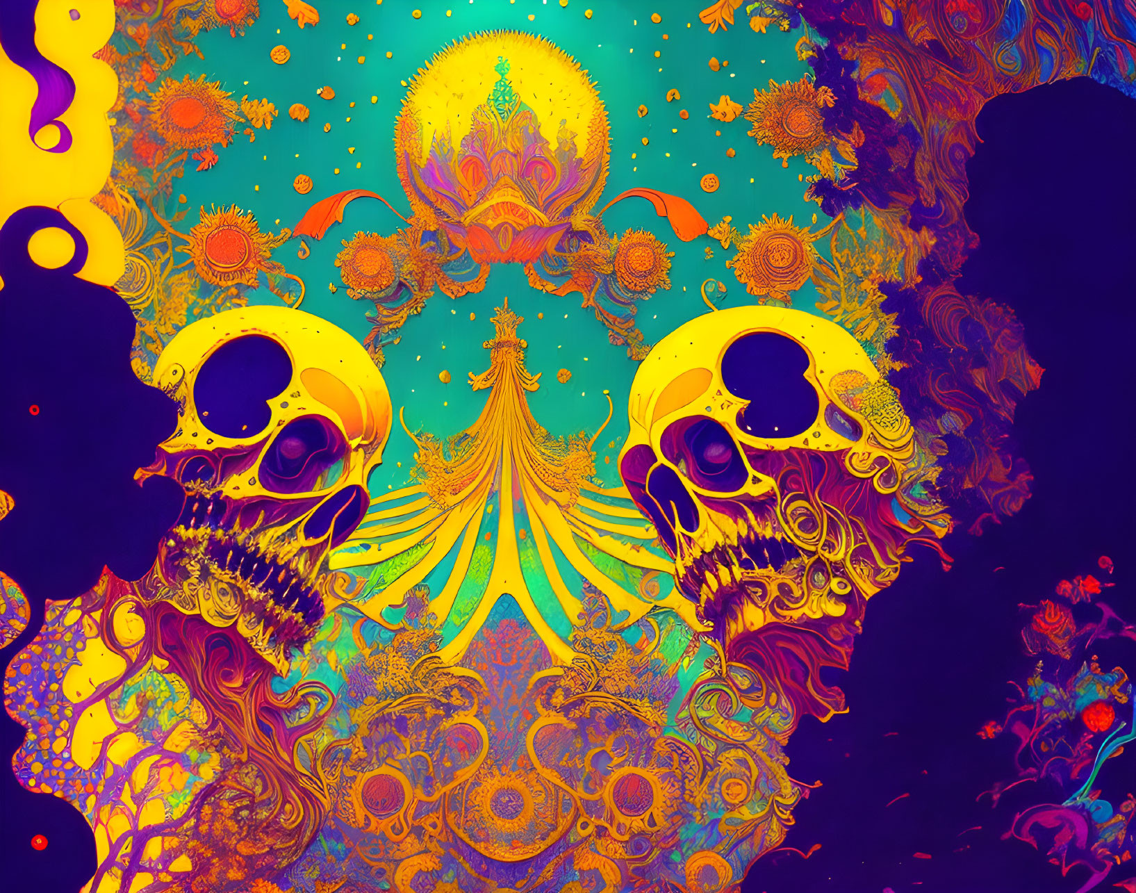 Colorful Psychedelic Artwork: Skull Profiles & Floral Patterns