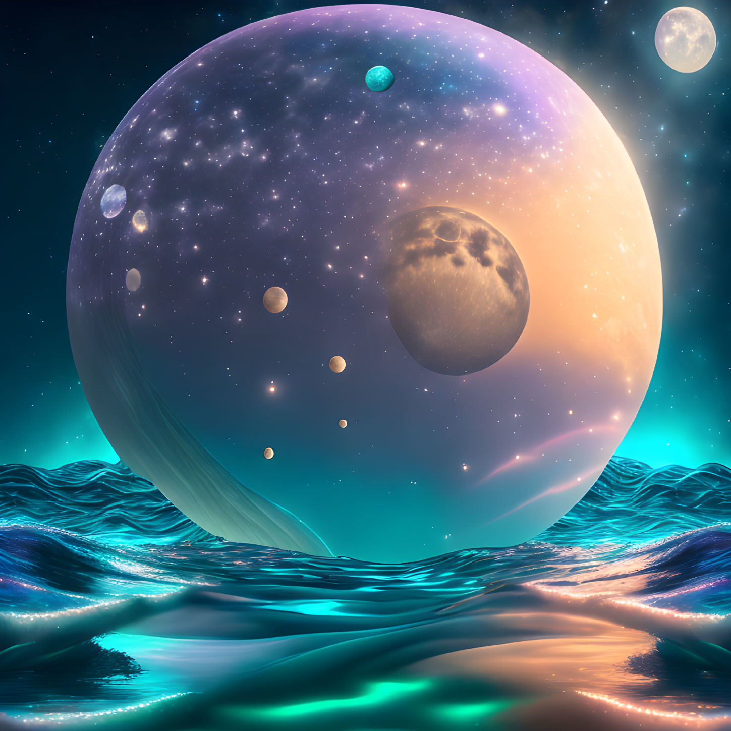 Surreal cosmic seascape with moon, planets, stars, iridescent waves