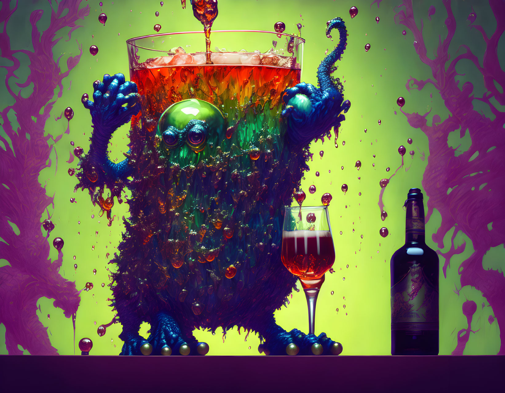 Fluffy green monster with eyeball holding cocktail glass and bottle on vibrant backdrop