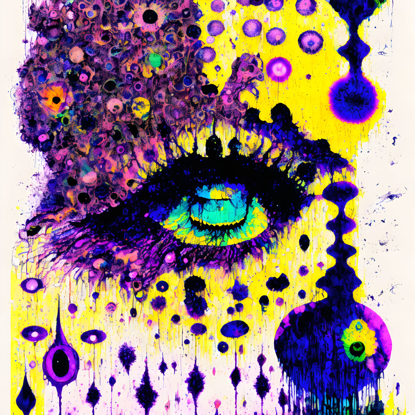 Colorful Abstract Artwork: Eye Among Pink, Yellow, Blue, and Purple Splashes