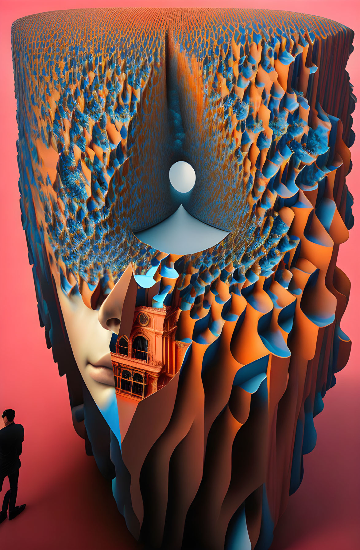 Surreal digital art featuring giant head, textured orb, human figure, and architectural structure