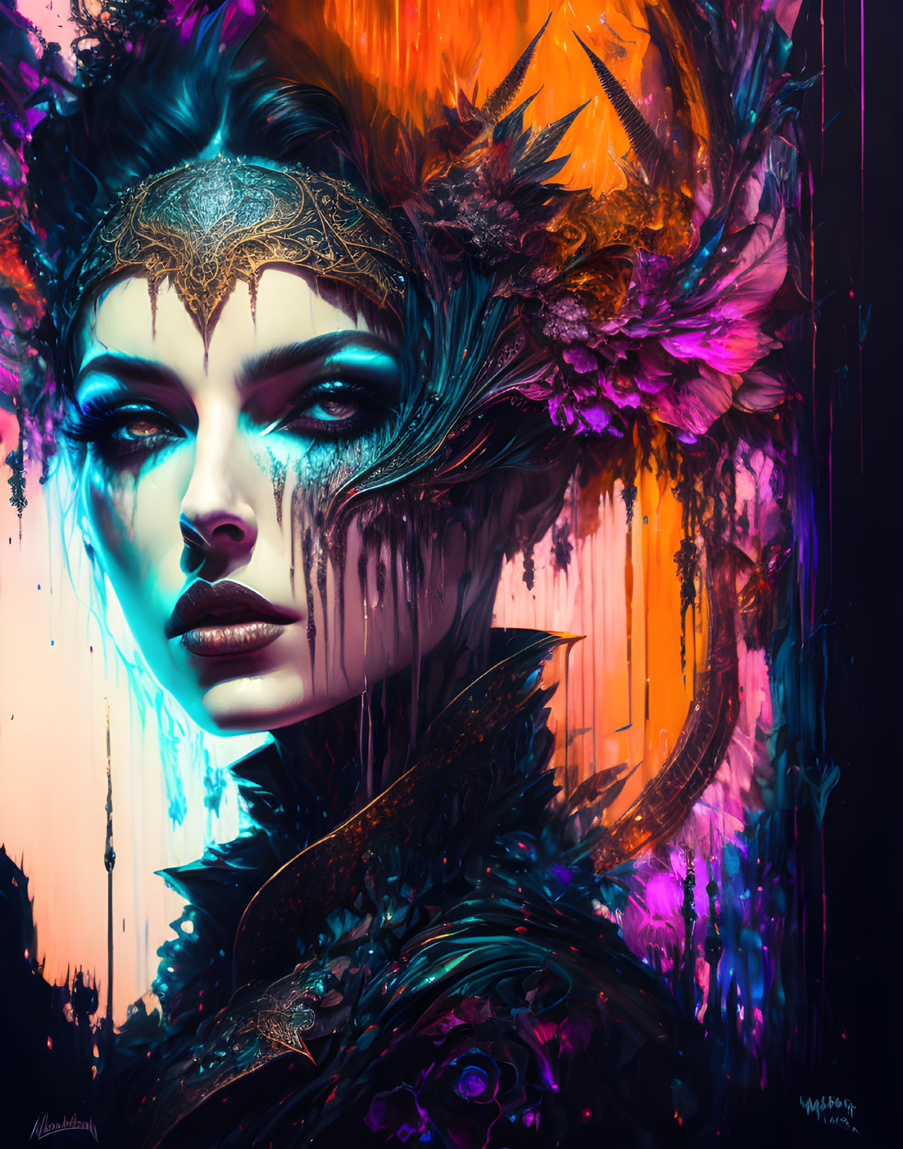 Colorful digital artwork: fantasy makeup, feathered headpiece, warm-orange and cool-blue tones