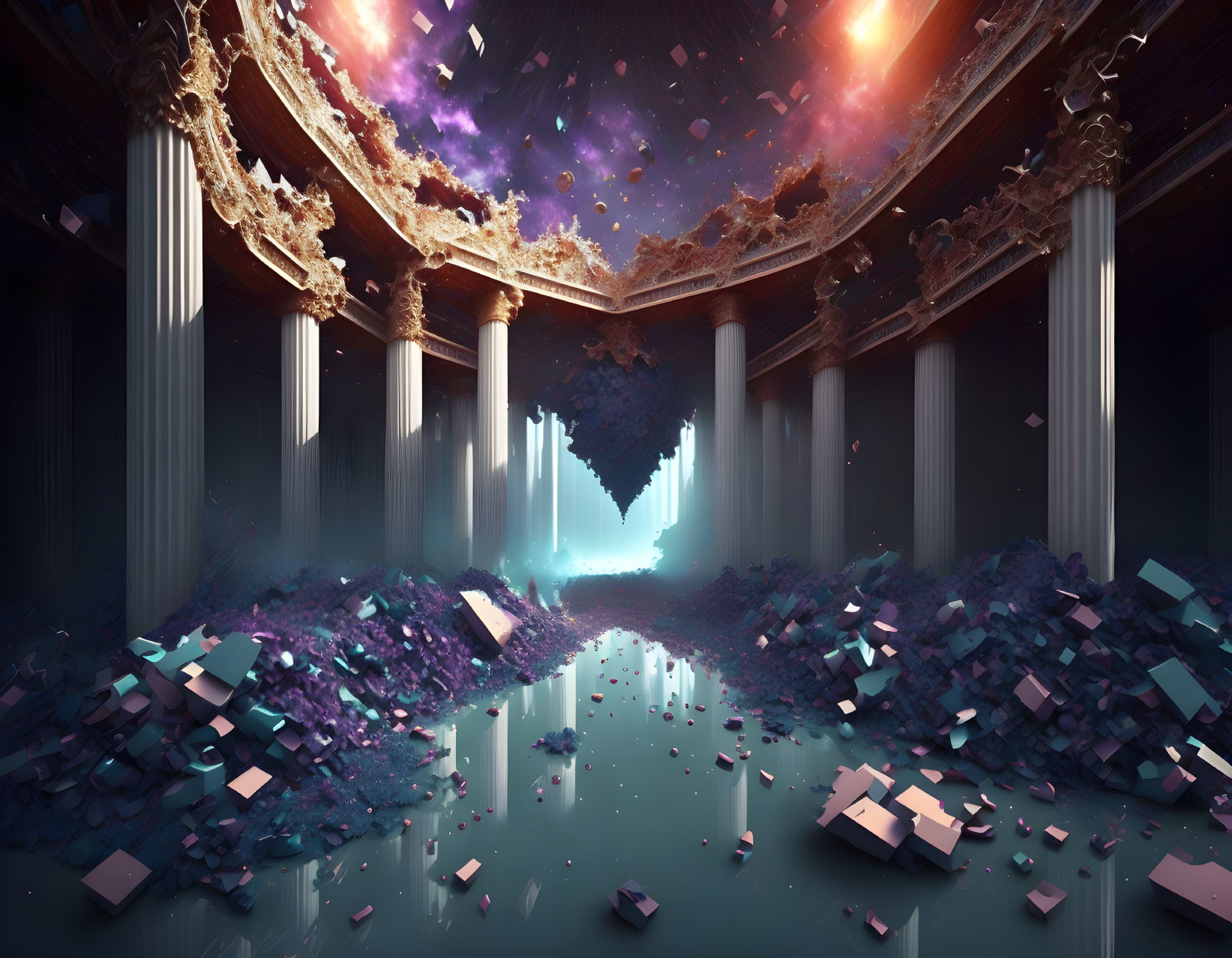 Surreal scene: Broken columns, floating debris, celestial space