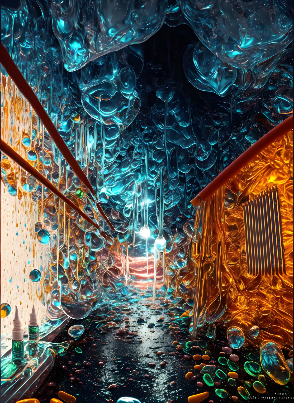 Surreal corridor with melting walls, bubbles, and glowing hues