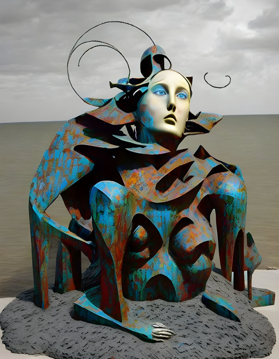 Blue-toned female figure sculpture with elaborate headdress against cloudy sky backdrop