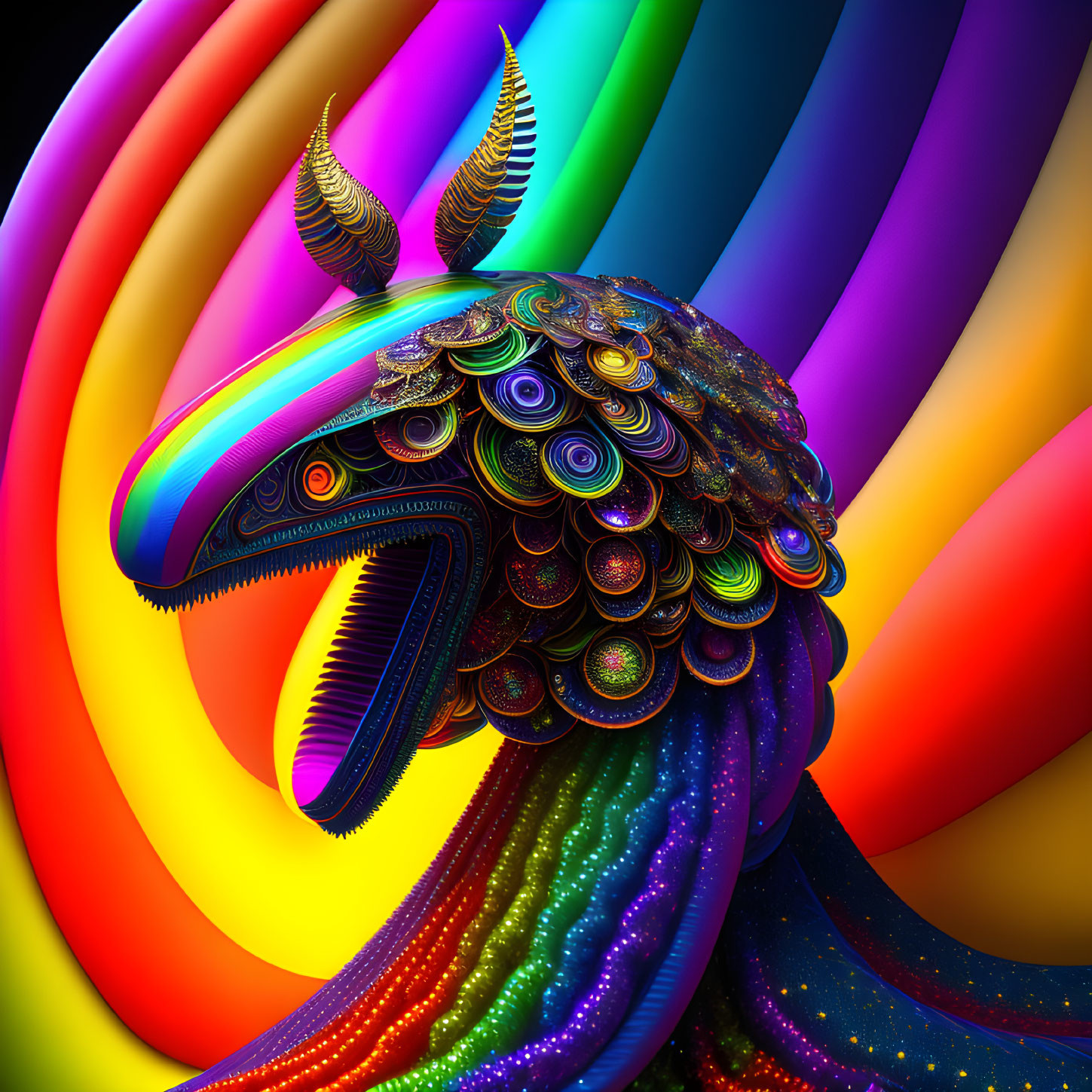 Colorful Abstract Creature with Rainbow Tendrils on Black Background