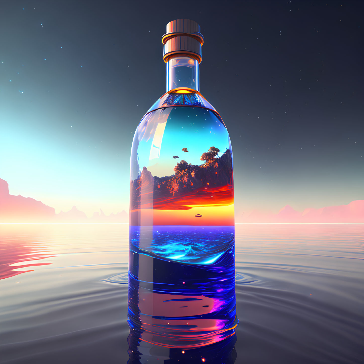 Digital Artwork: Transparent Bottle with Sunset Beach Scene in Surreal Ocean Setting