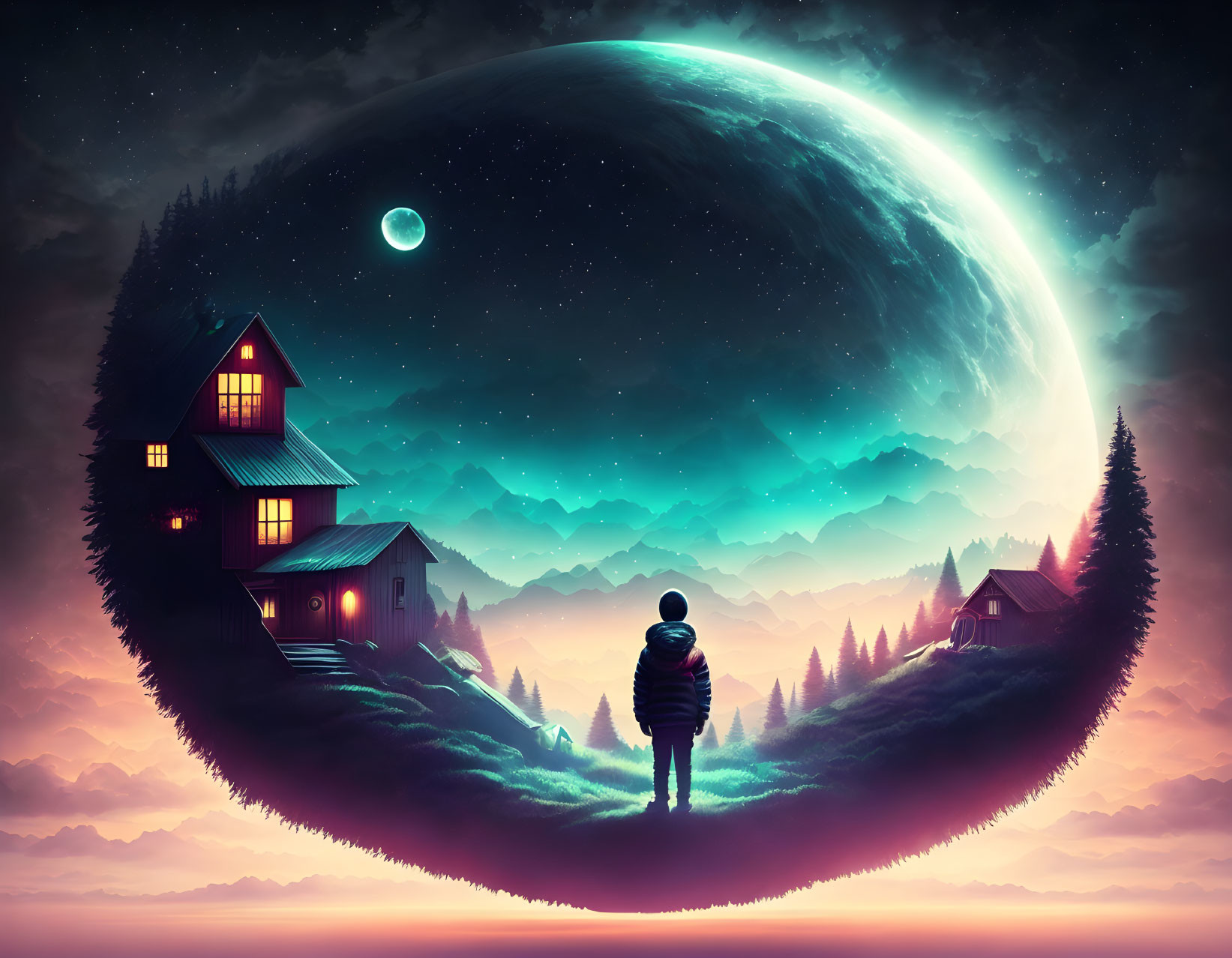 Person standing on grassy crescent moon in surreal landscape with houses, mountains, and large moon under