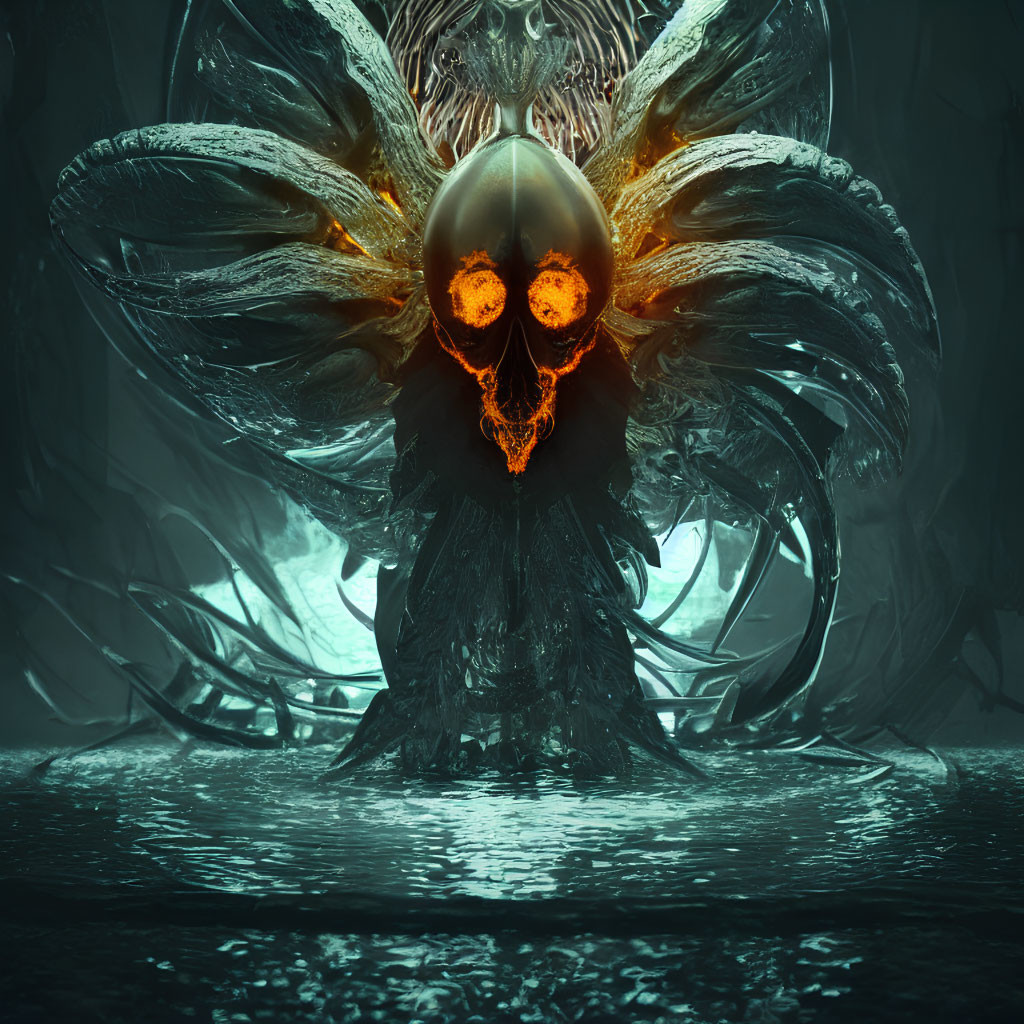 Glowing orange-eyed figure in dark, watery setting with skull-like face