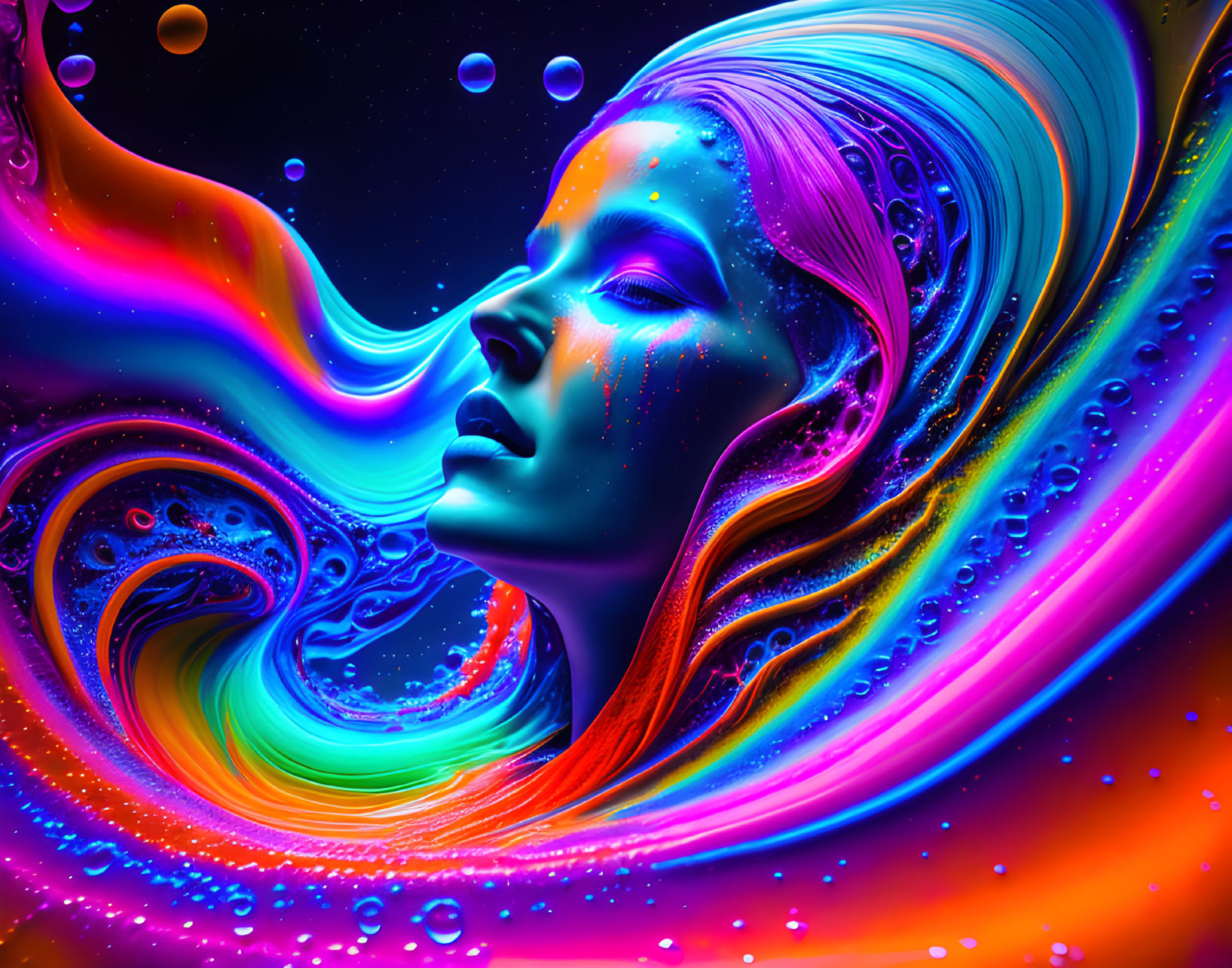 Colorful digital artwork: Woman's profile in neon colors with flowing liquid patterns.