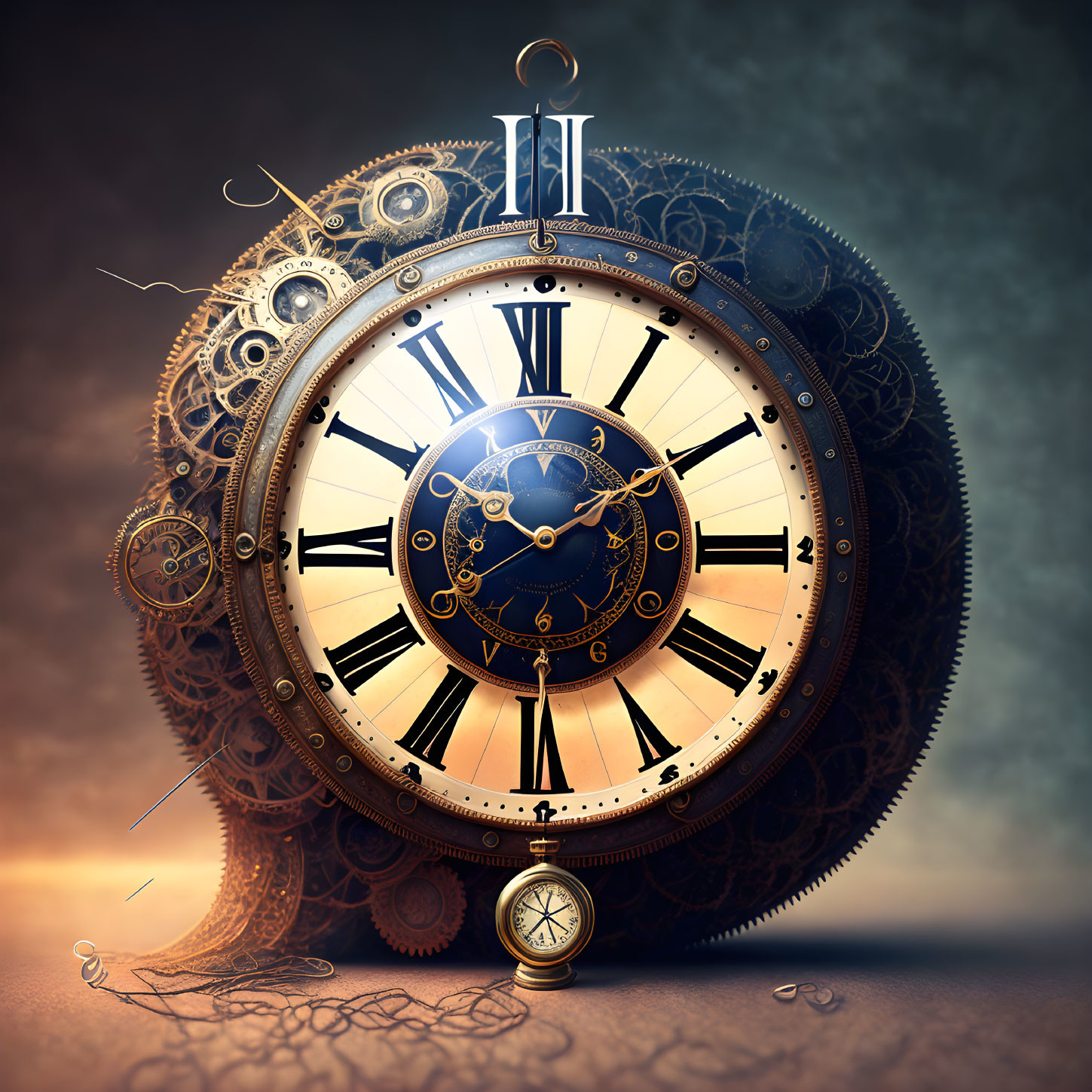 Intricate Steampunk Clock and Pocket Watch on Moody Sky Background