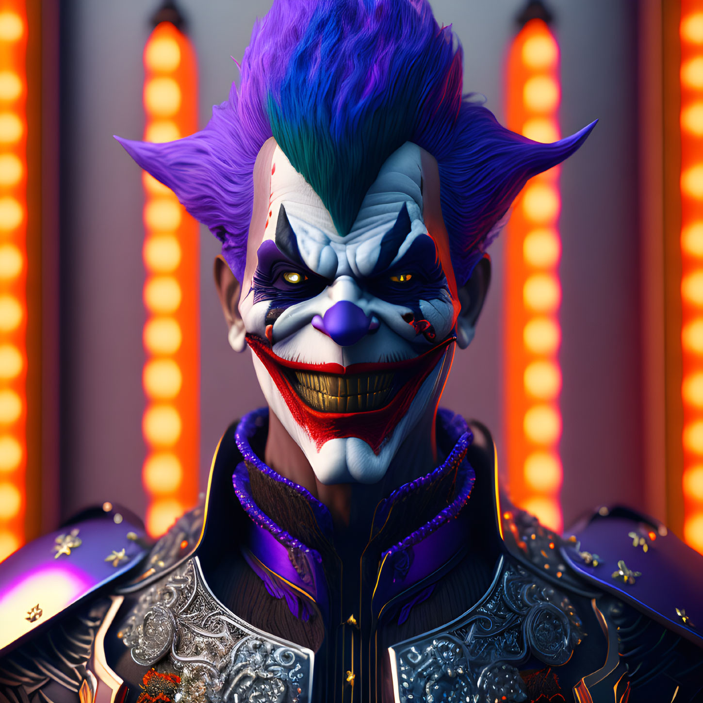 Vibrant blue and purple hair on a clown-like character in ornate clothing