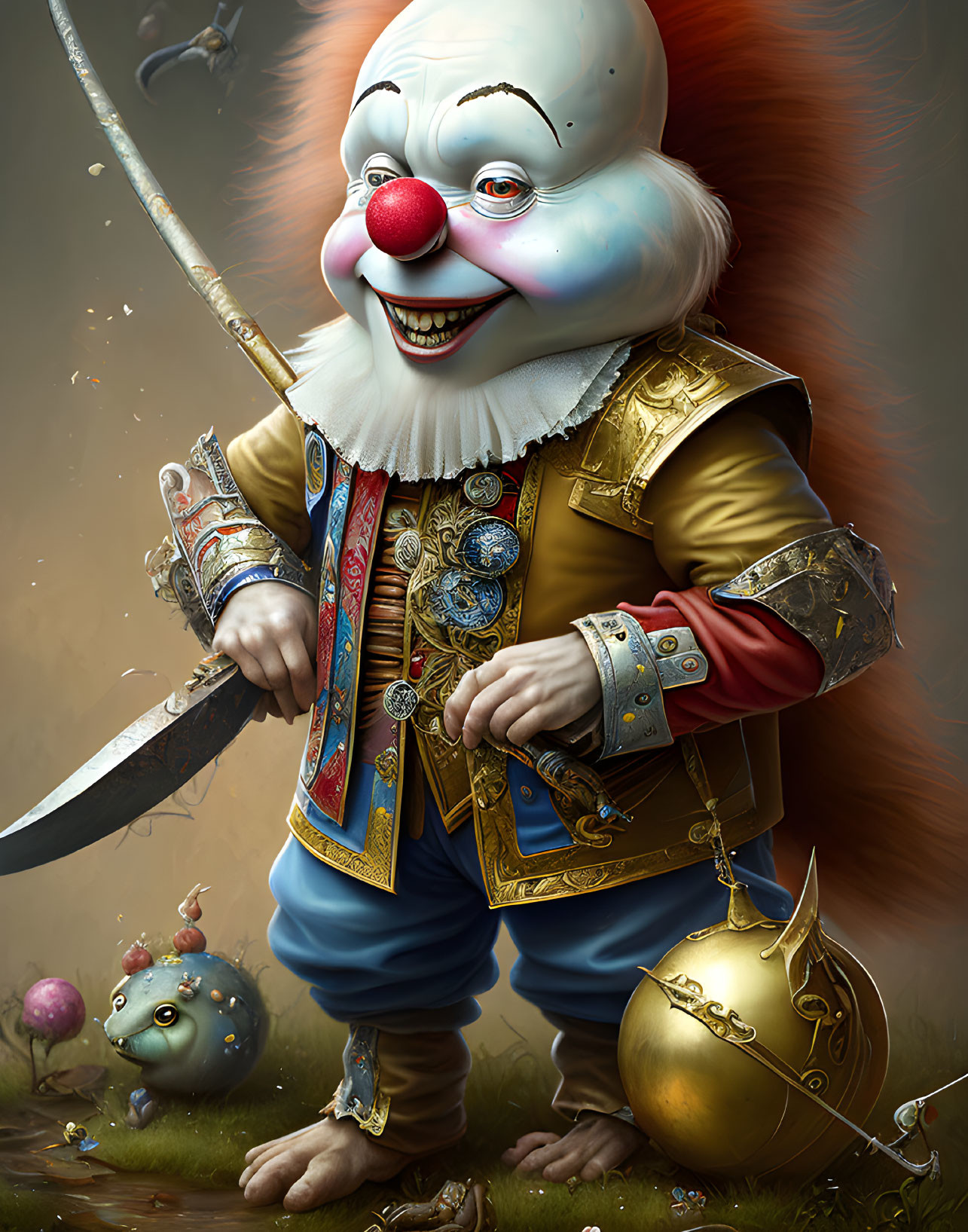 Whimsical clown in medieval knight armor with sword and golden egg