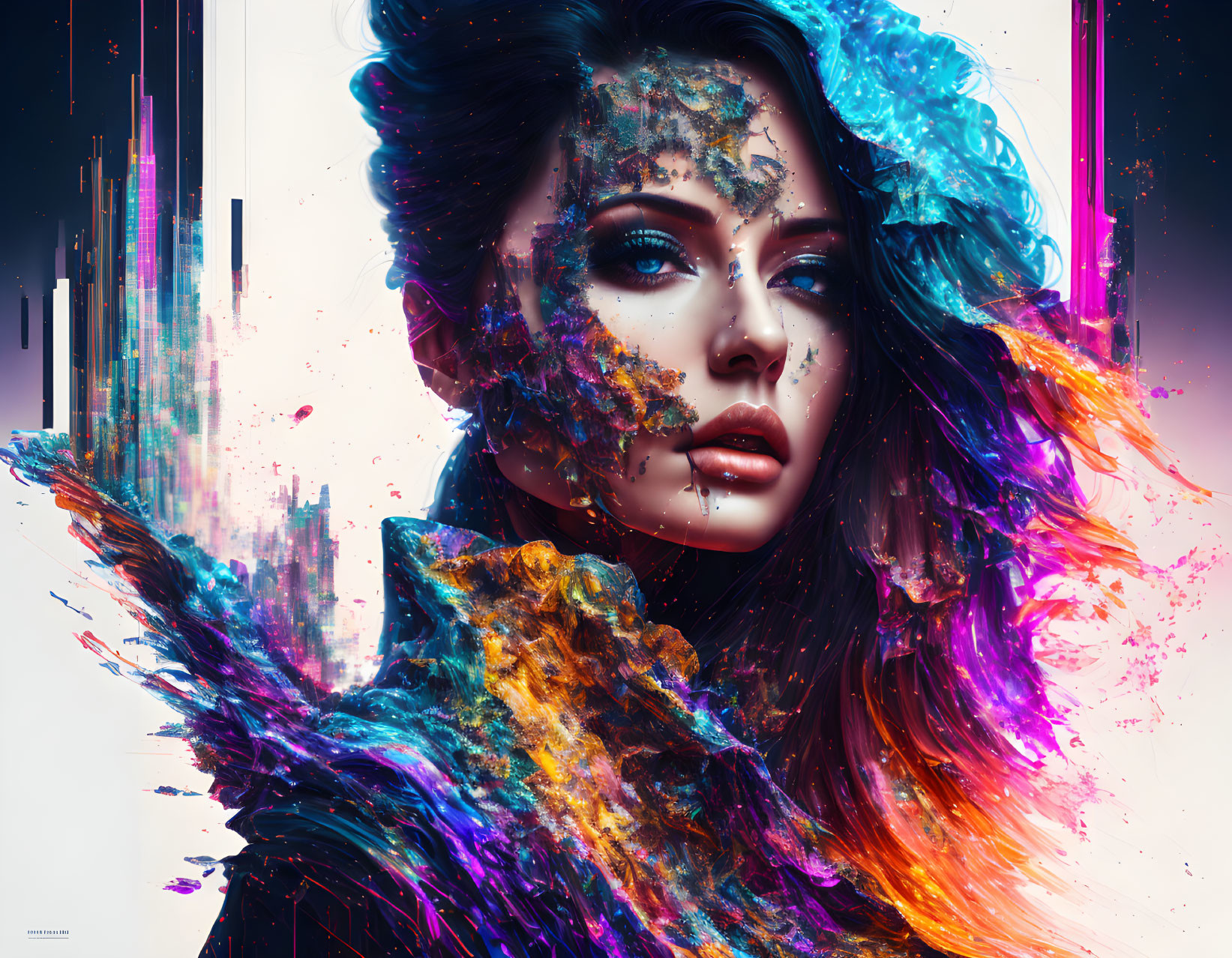 Vibrant cosmic digital art of woman with cityscape elements