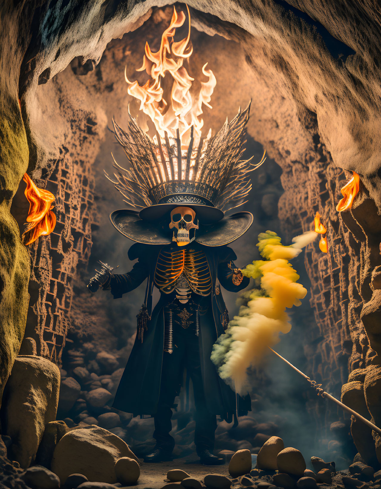 Skeleton figure in wide-brimmed hat with fire, holding staff in torch-lit cave