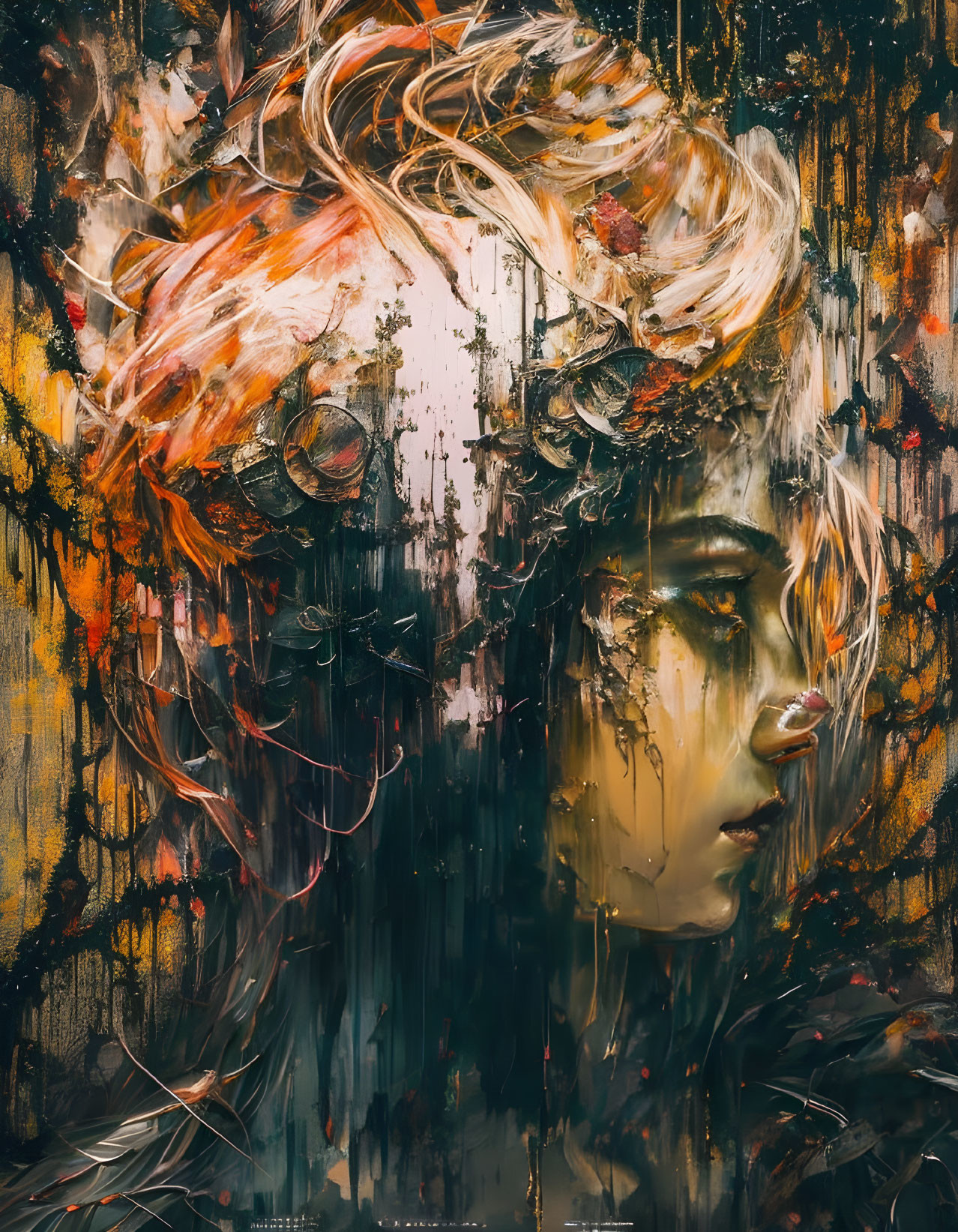 Abstract portrait with fiery orange and earth tones in dynamic brush strokes.