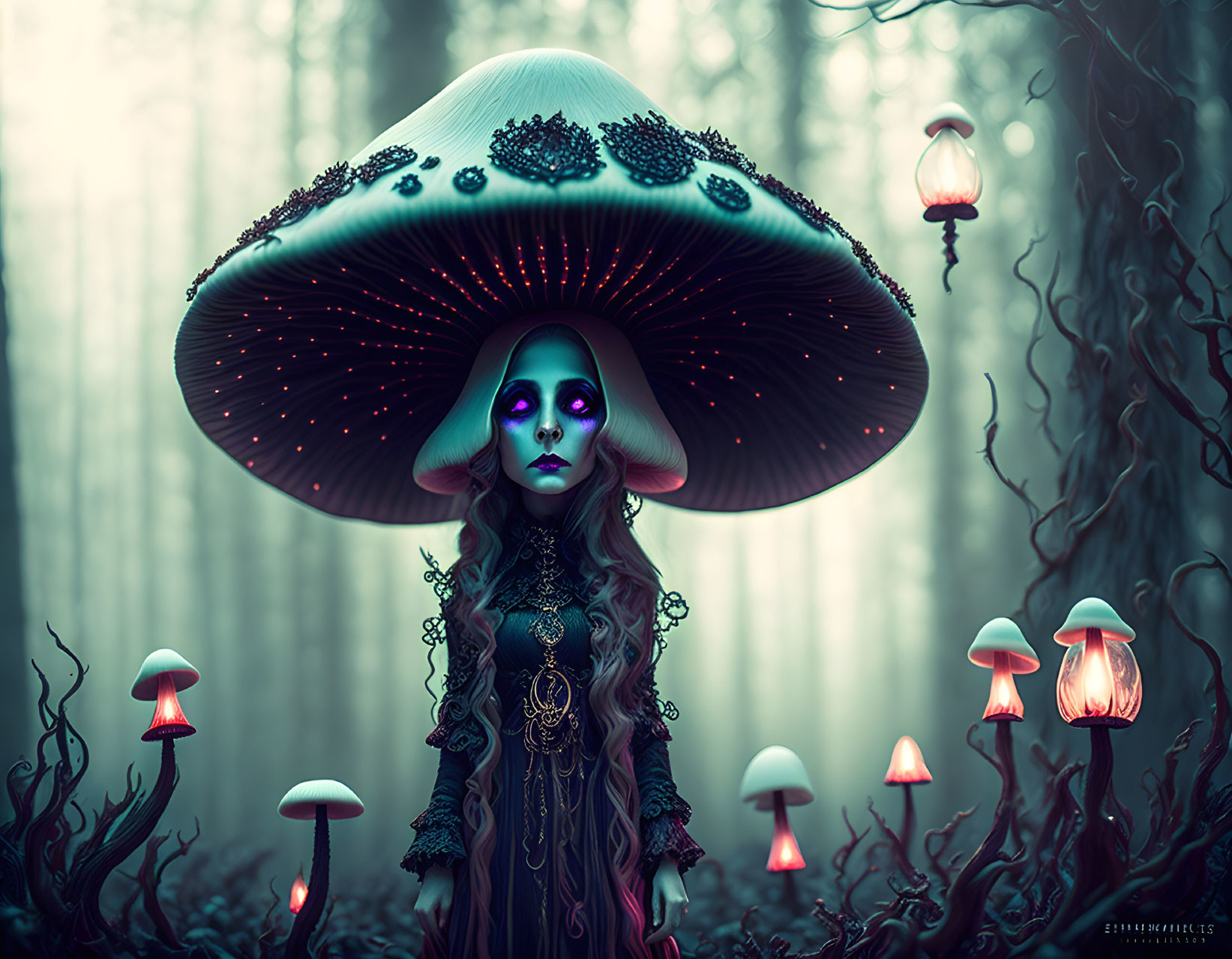 Mystical figure with large mushroom cap in enchanted forest