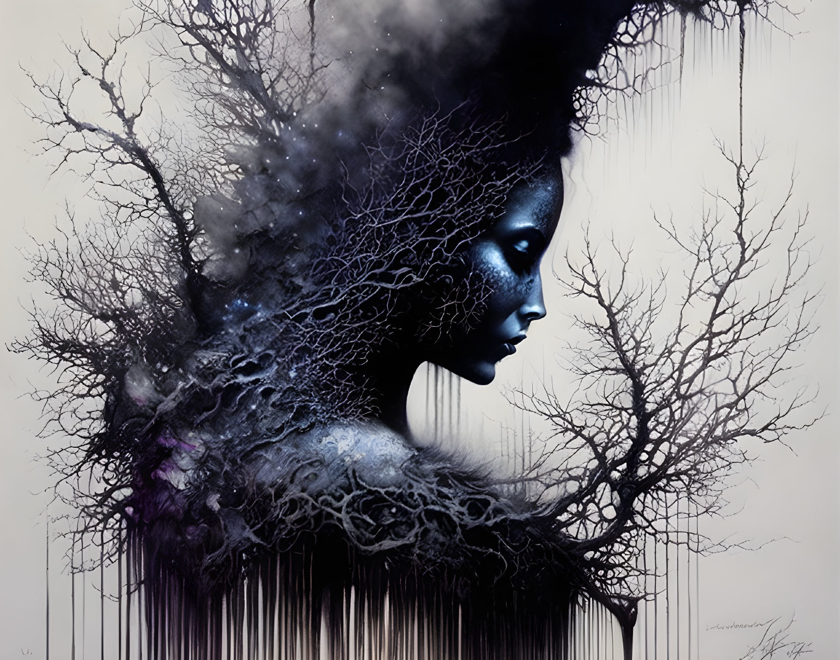 Surreal portrait of woman blending with tree branches