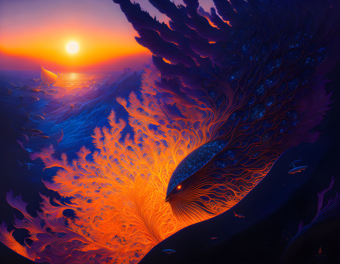 Digital artwork: Feathered whale in fiery sea sunset