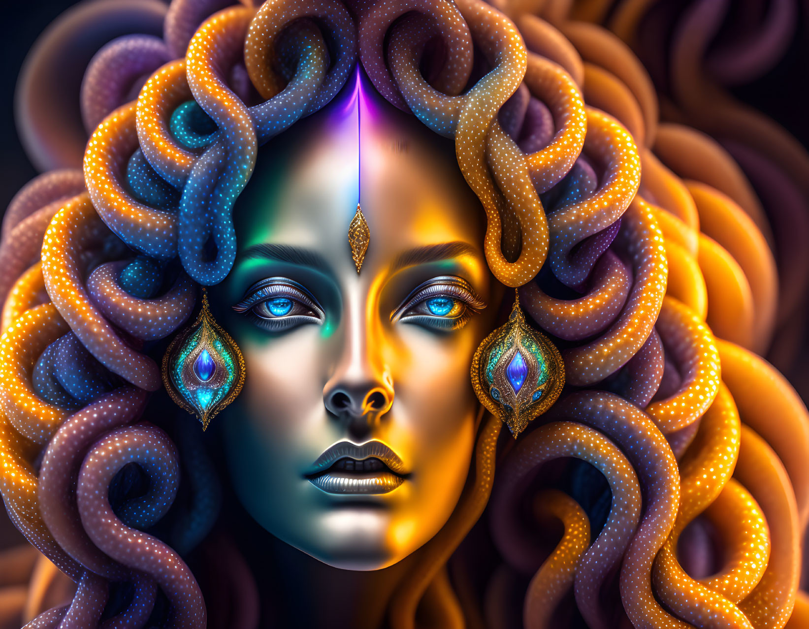 Colorful digital artwork: Woman with octopus tentacle hair, peacock feather earrings, and mystical