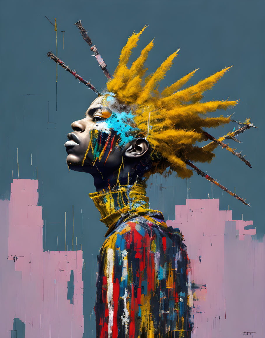 Profile view of person with abstract colorful paint design, yellow spiked hair, against grey backdrop with pink and