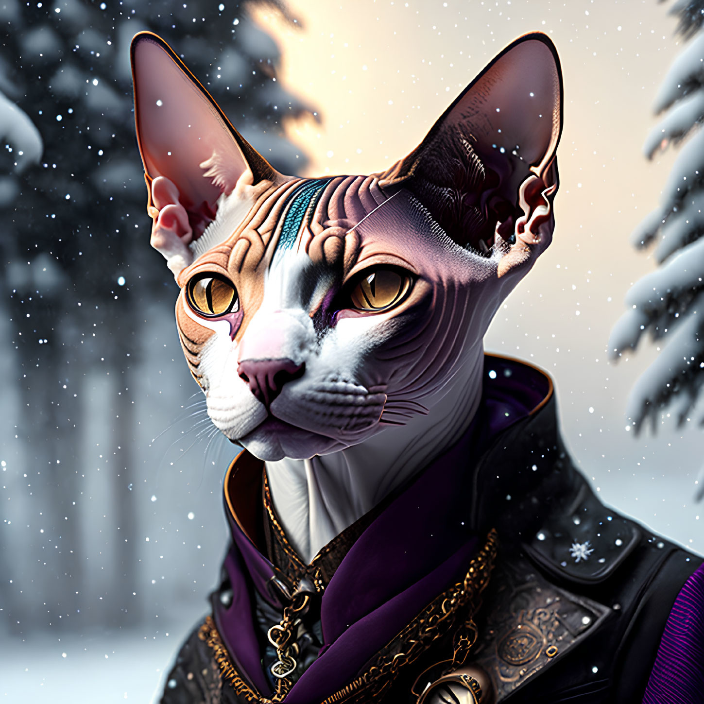 Stylized portrait of Sphynx cat in purple cloak and armor against snowy forest