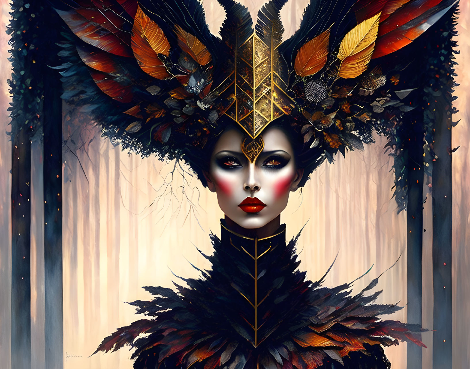 Mystical female figure with feathered headdress in ethereal forest