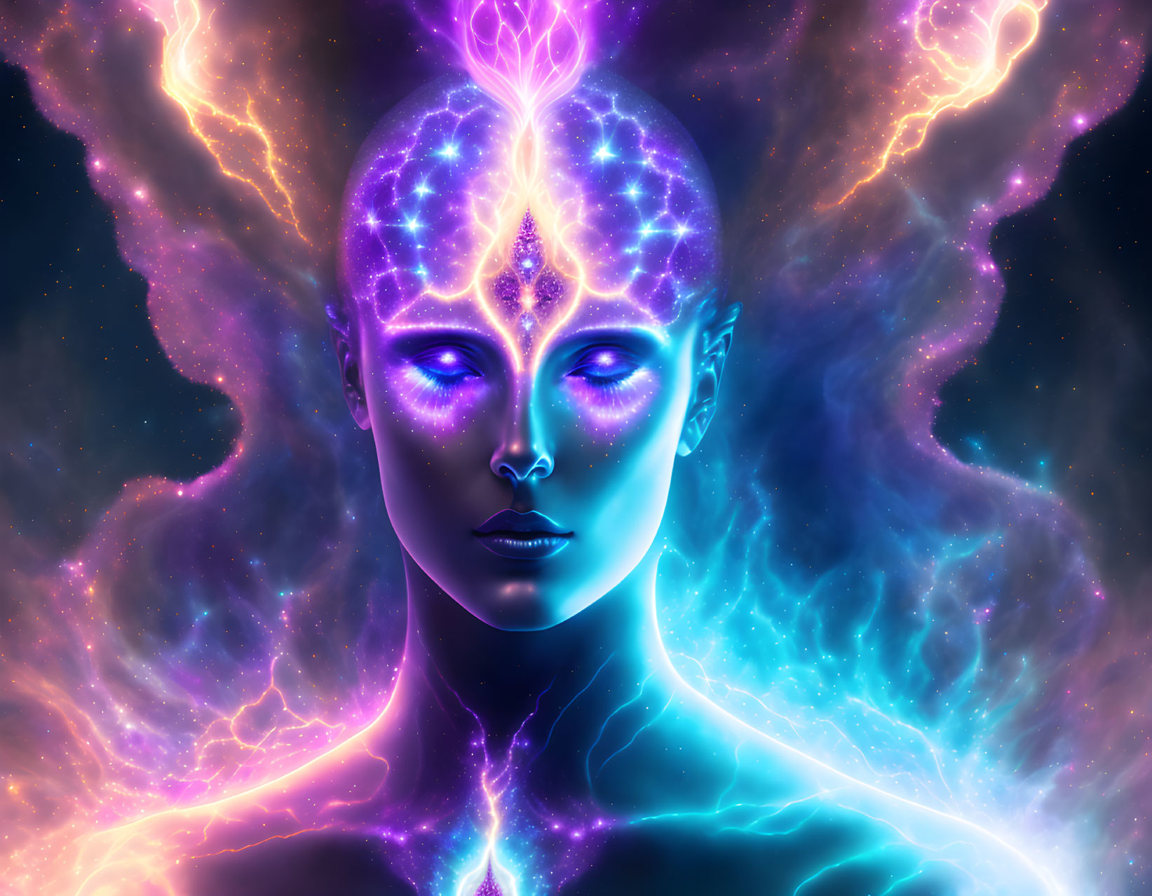 Vibrant cosmic entity digital artwork with radiant purple and blue hues