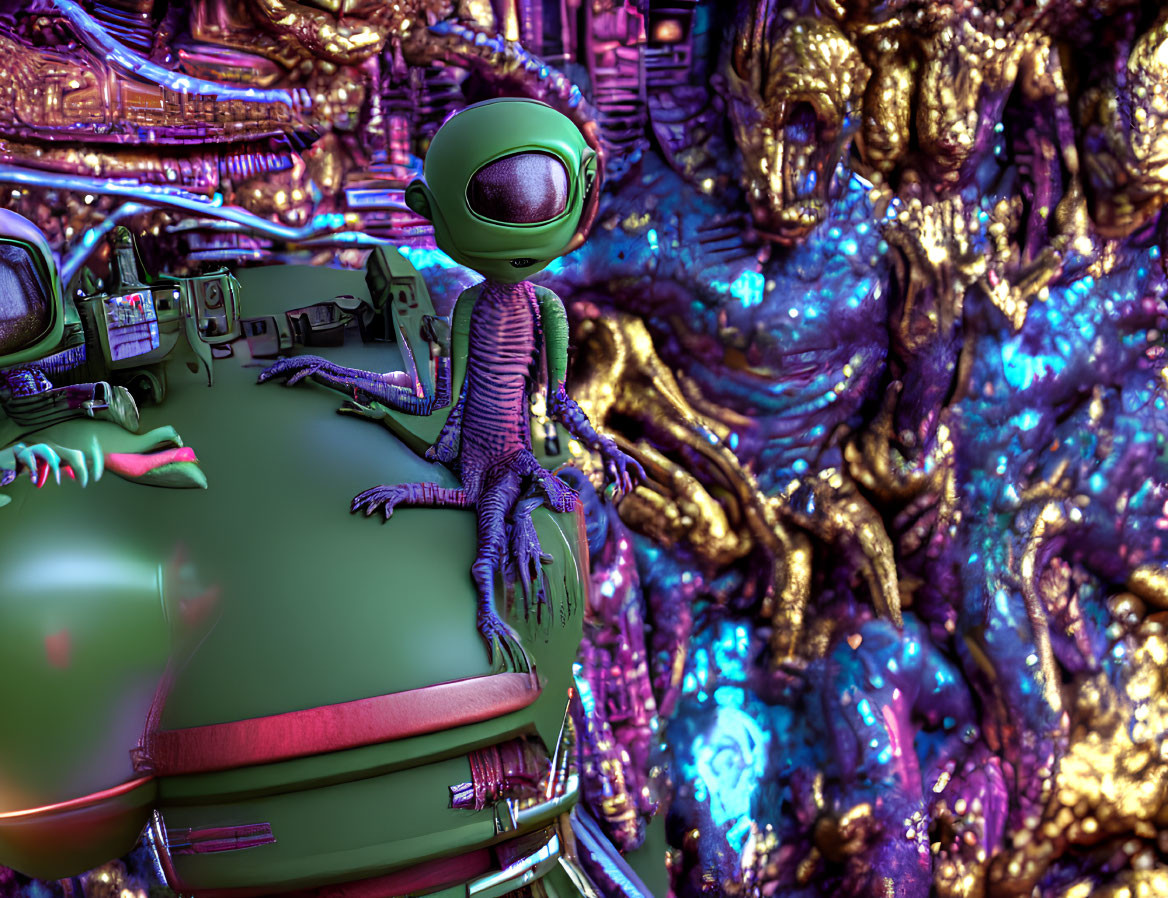 Green-skinned alien on metallic structure amidst vibrant machinery