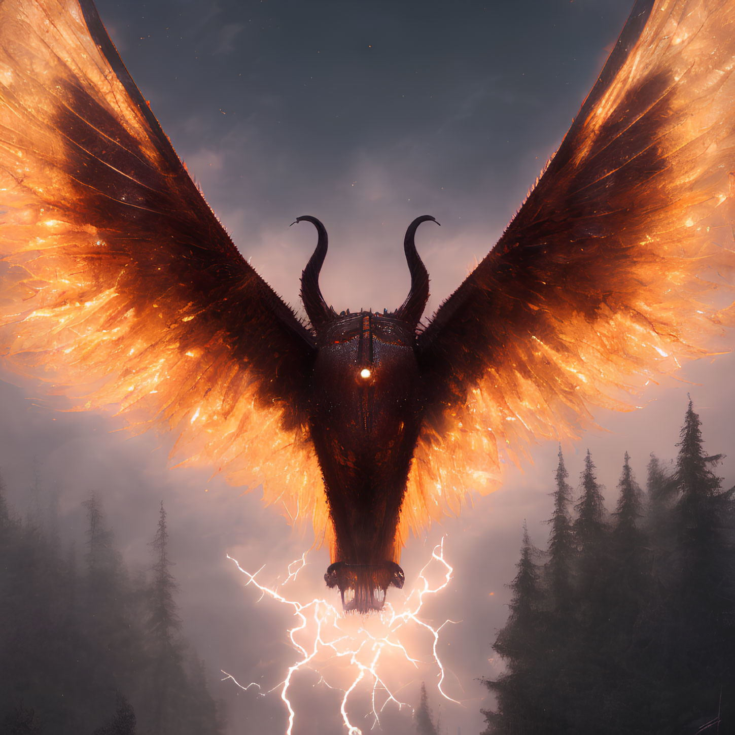 Majestic dragon with glowing orange wings flying over misty forest