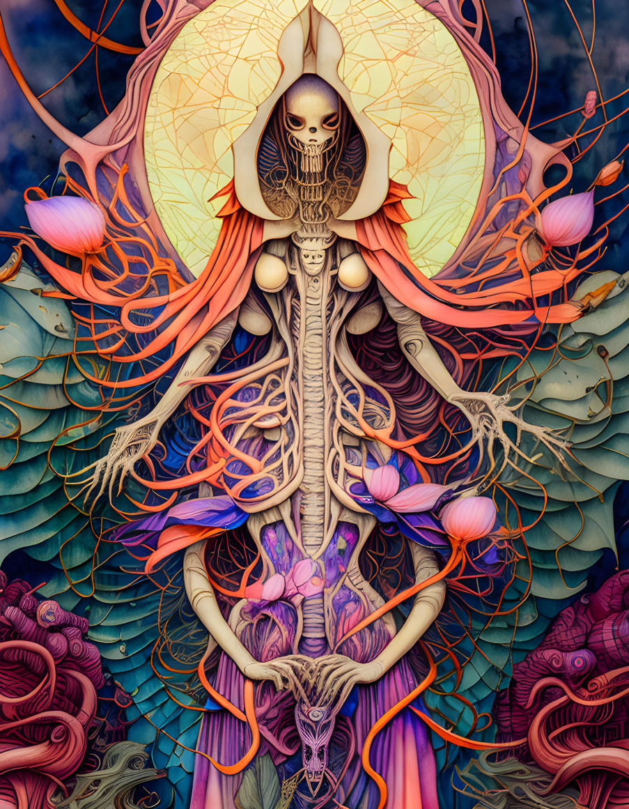 Surreal artwork: skeletal figure, intricate organs, colorful flora, celestial backdrop