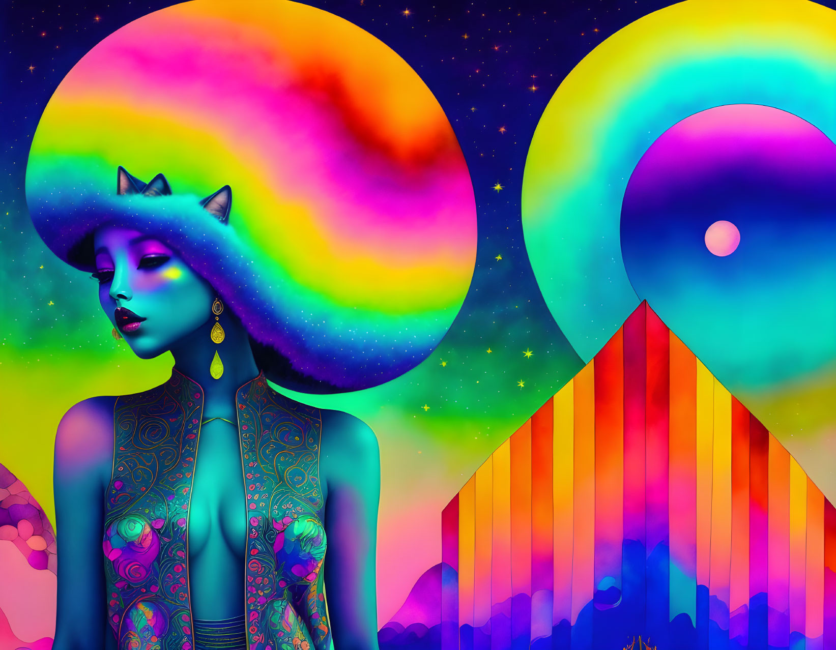 Colorful digital artwork: Woman with cat ears in celestial-themed backdrop