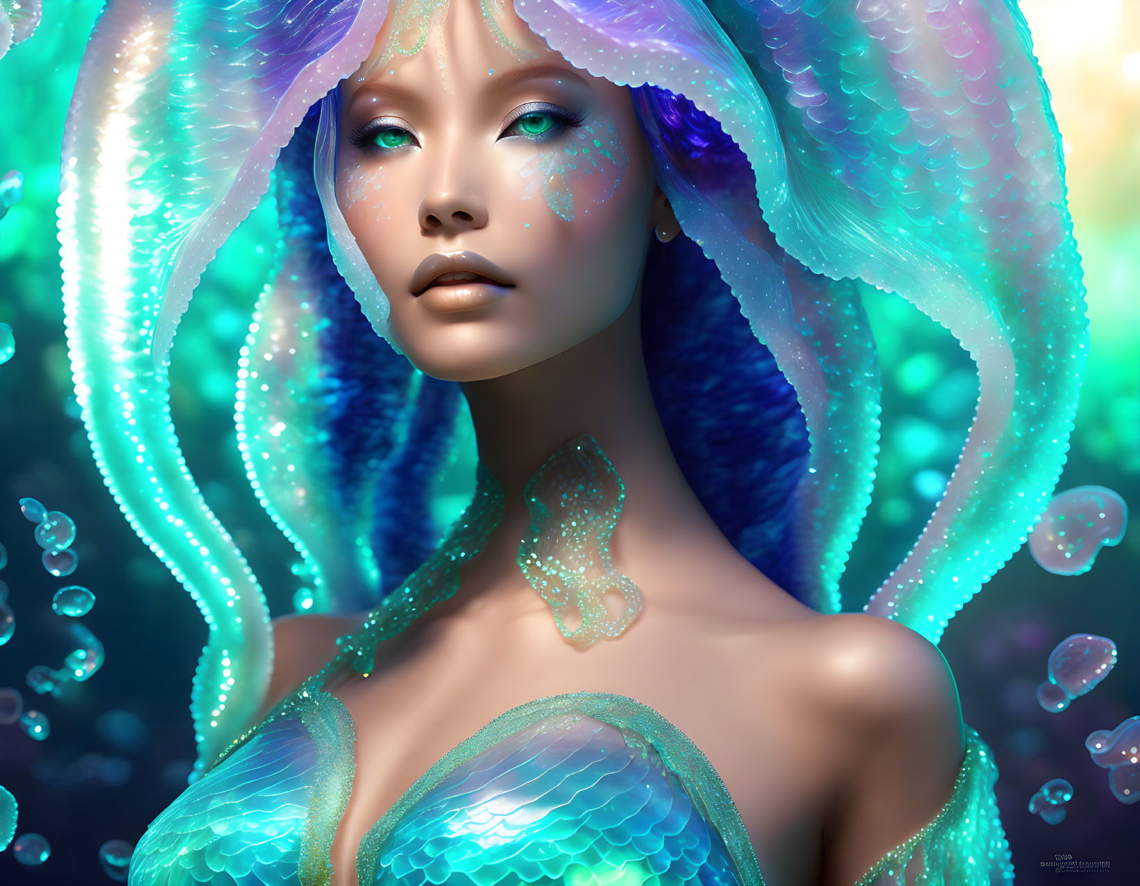 Iridescent mermaid woman in underwater digital art