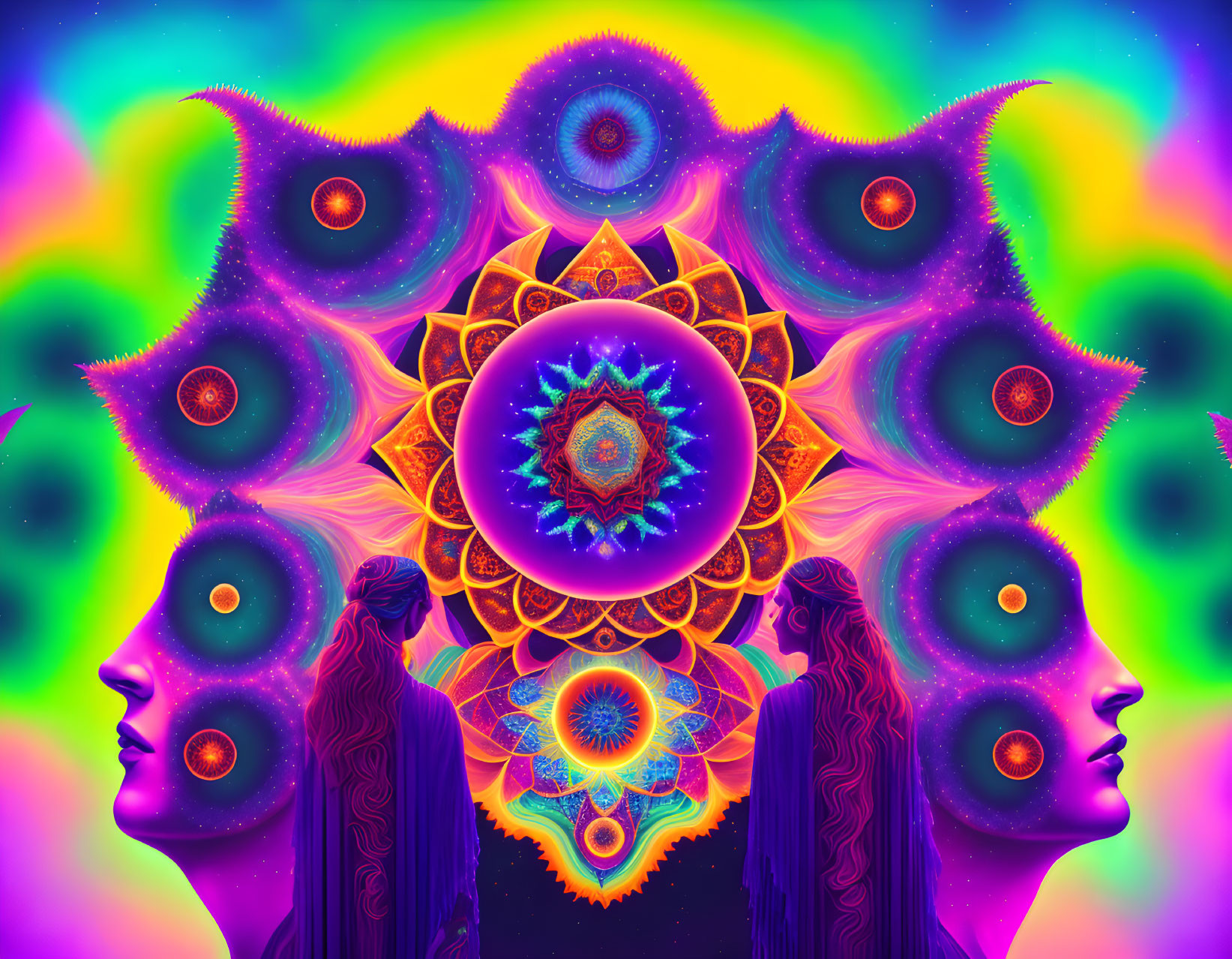 Colorful Psychedelic Artwork with Mirrored Silhouettes and Kaleidoscopic Background