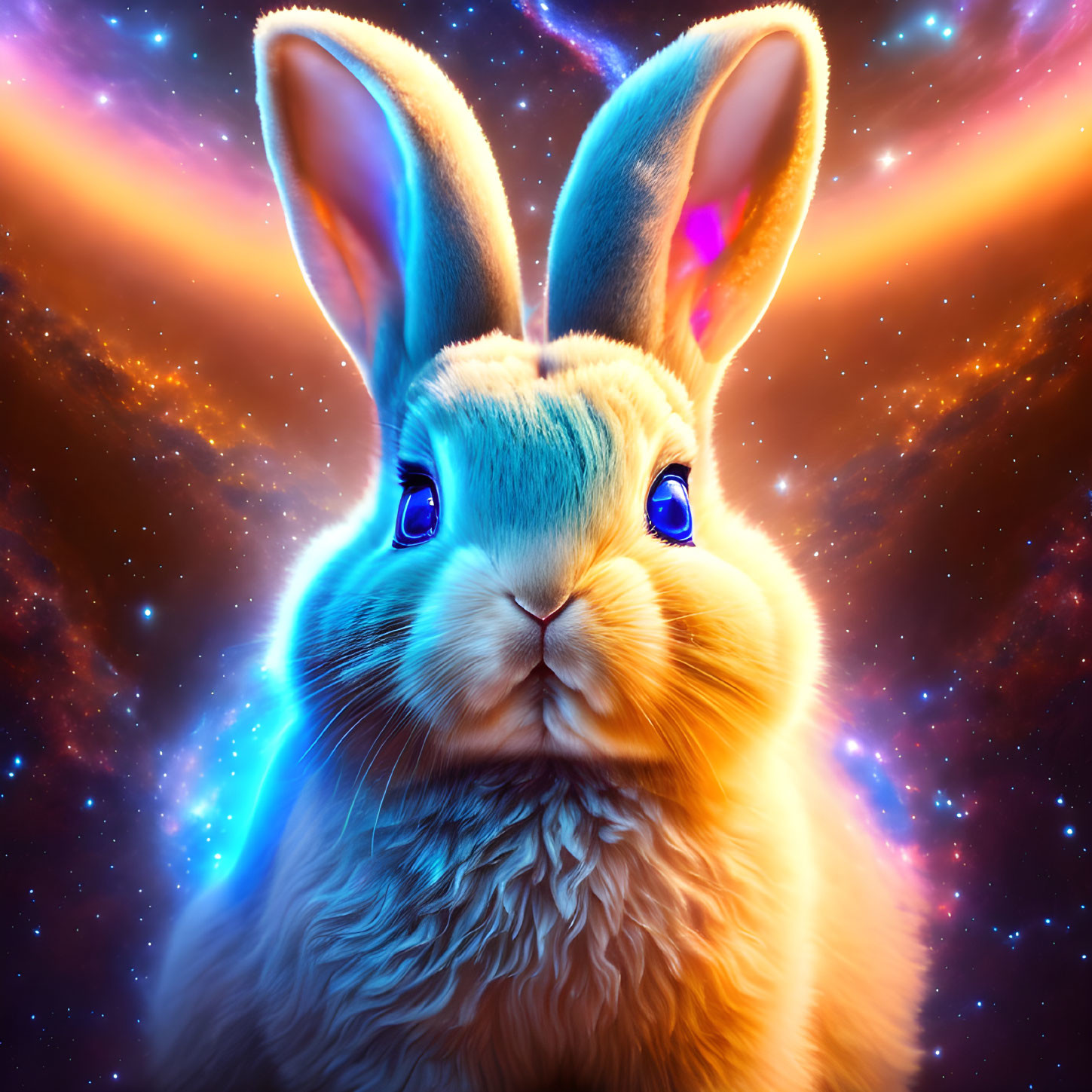 Colorful Rabbit with Blue Eyes in Cosmic Nebulae Background