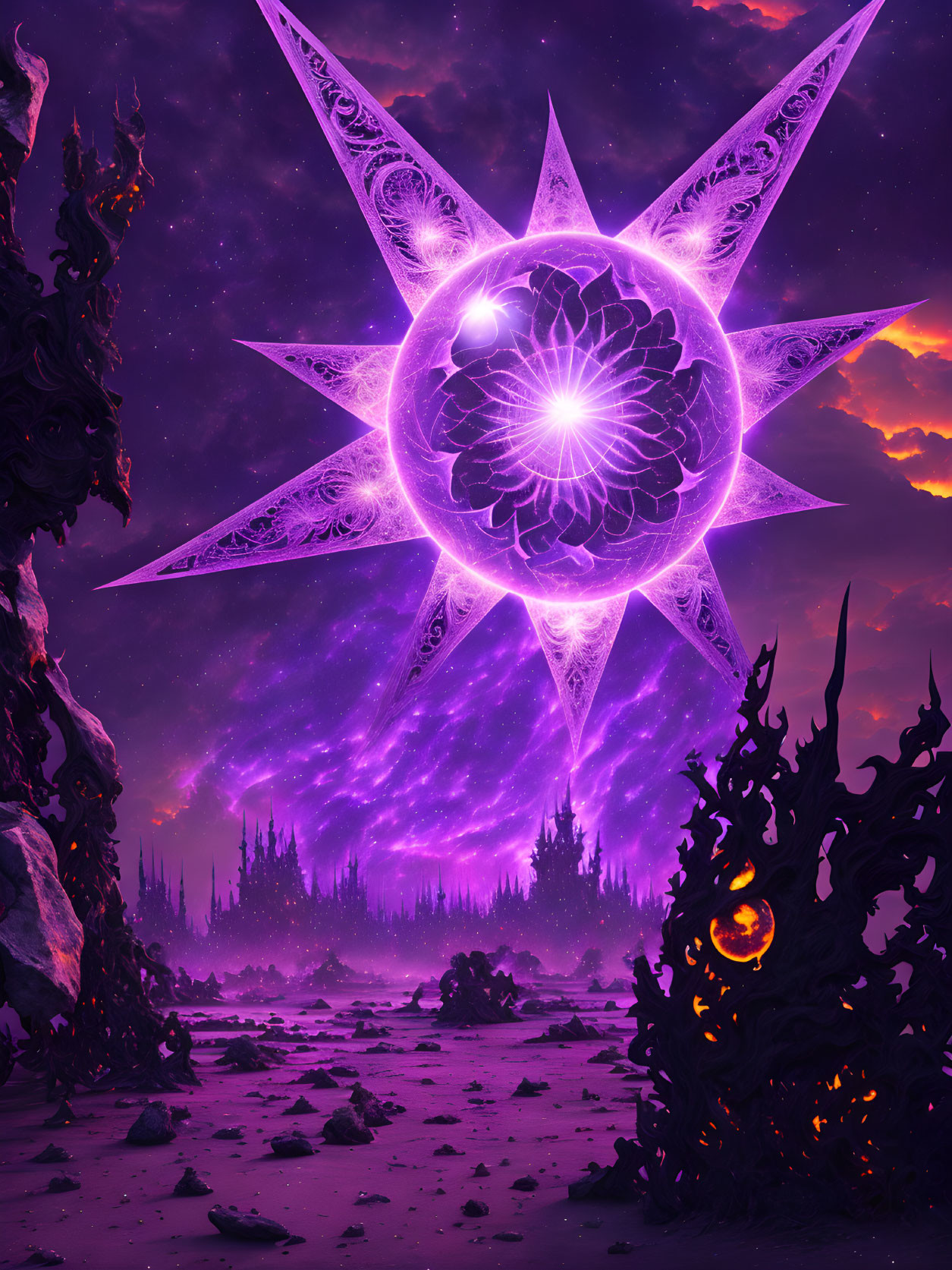 Mystical purple landscape with radiant star-like symbol in celestial sky