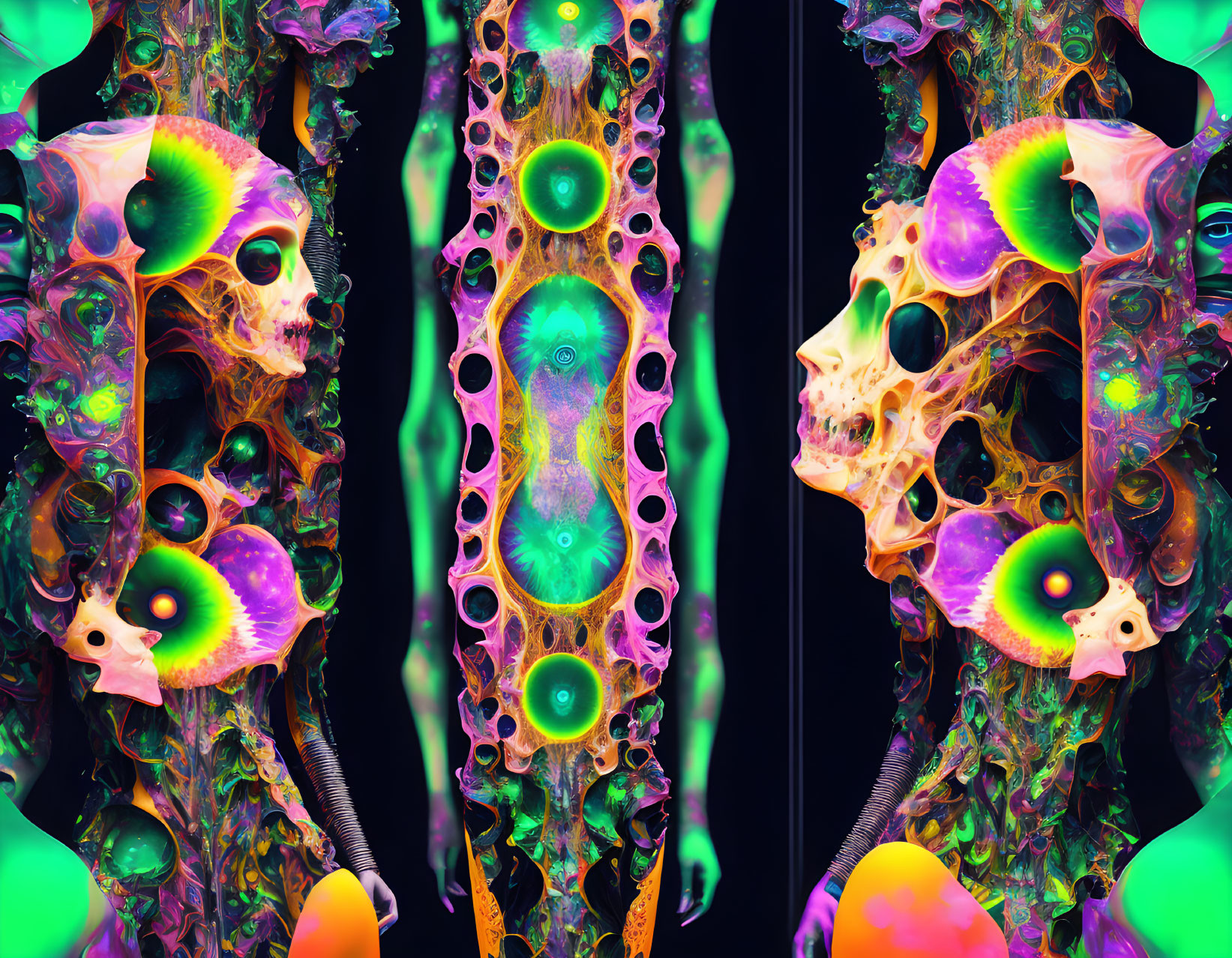 Colorful Psychedelic Digital Artwork: Three Skulls with Liquid Textures