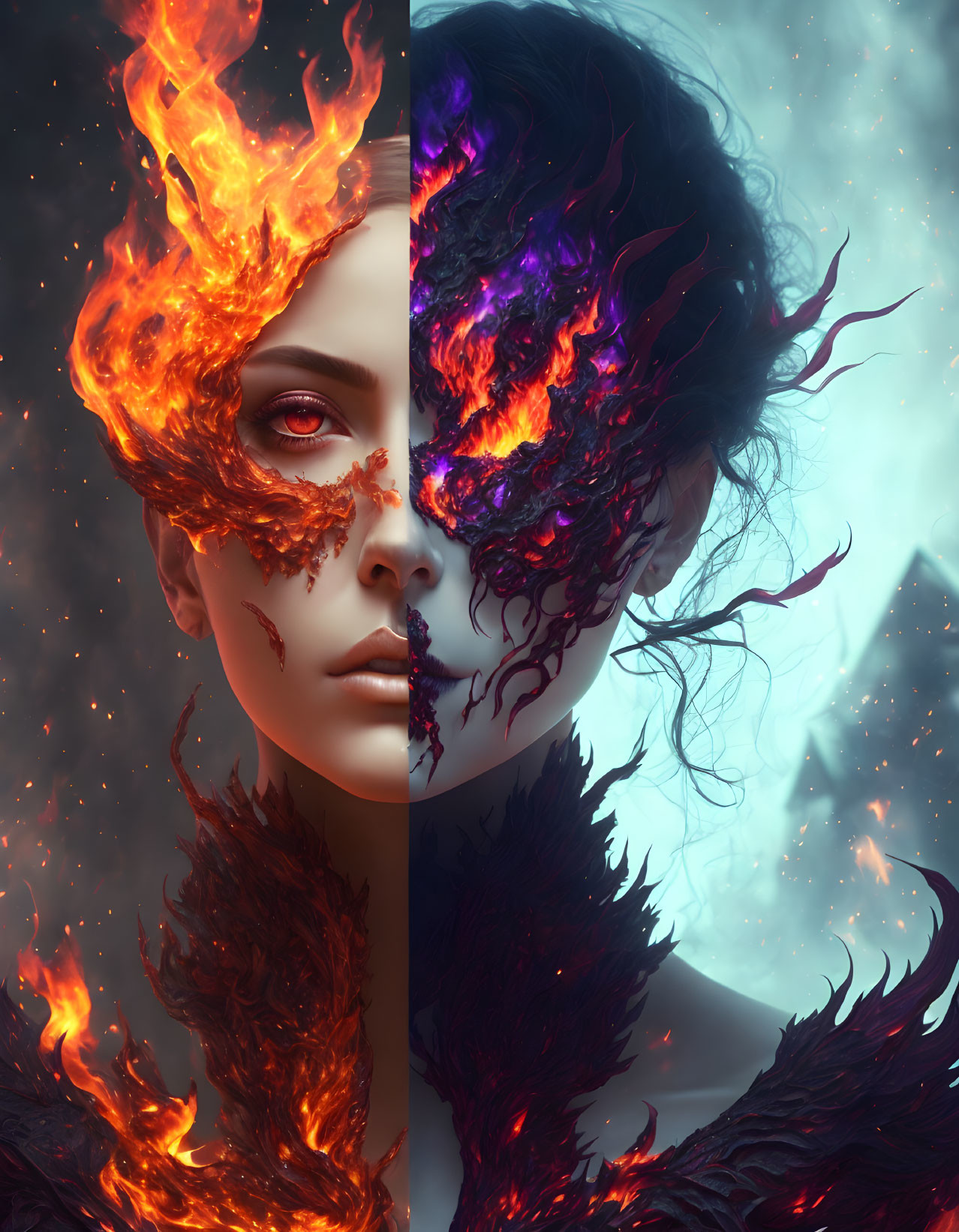 Split-face digital art featuring fiery flames and cosmic energy symbolizing a dichotomy.