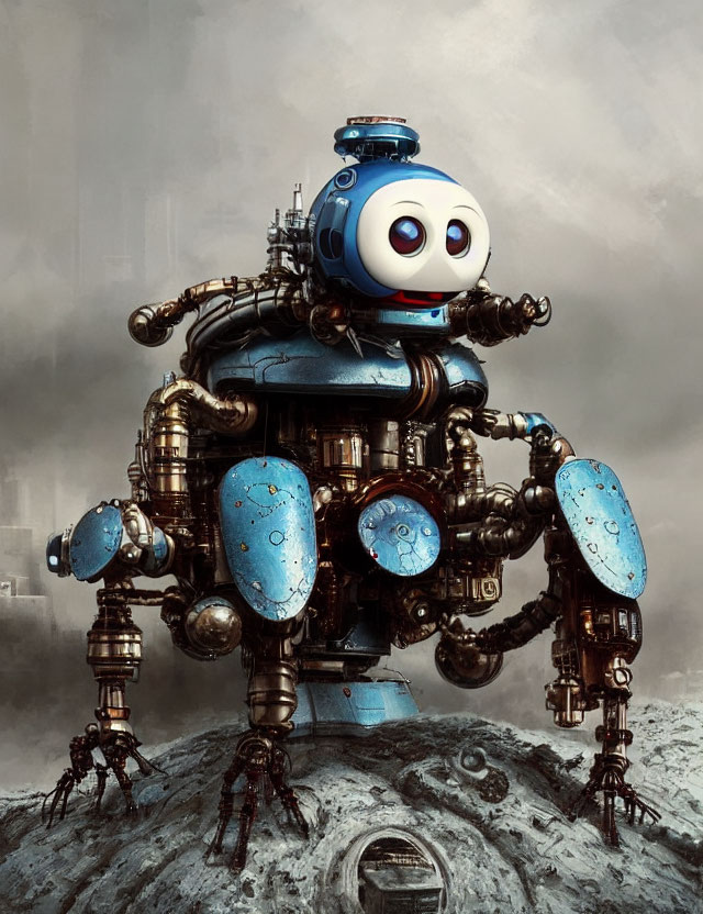 Whimsical robotic character with large round body and friendly face on rocky outcrop against dystopian backdrop