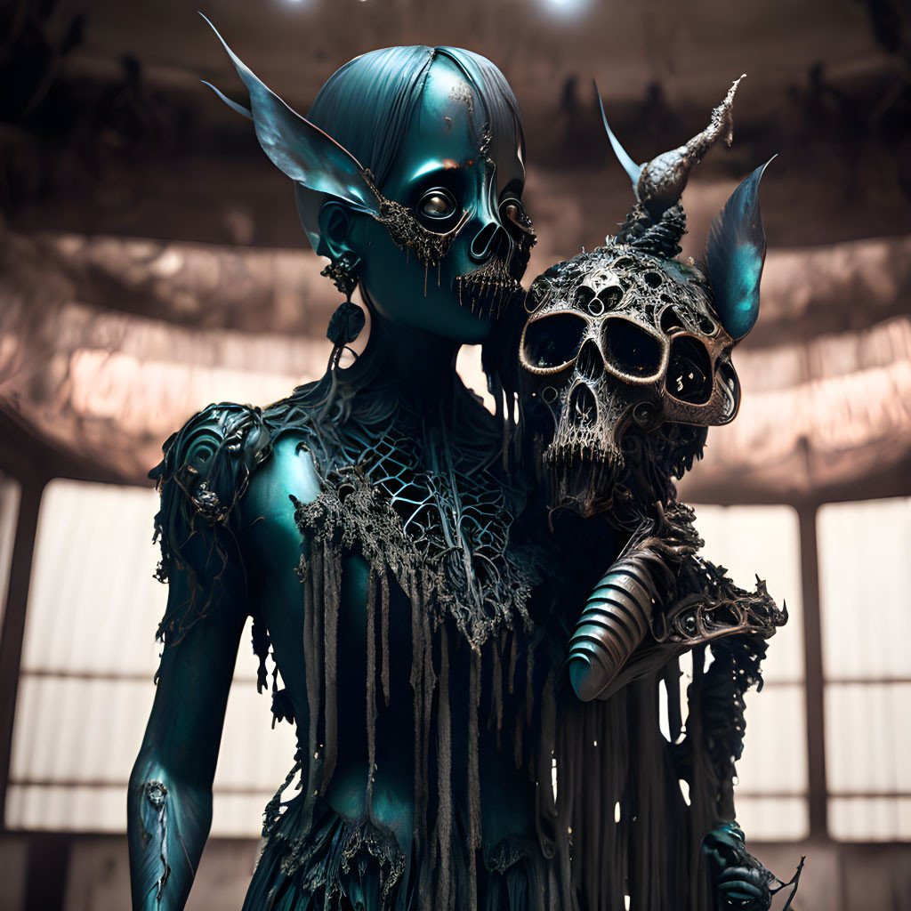 Blue-skinned skeletal creature in horned helmet and armor pose dramatically