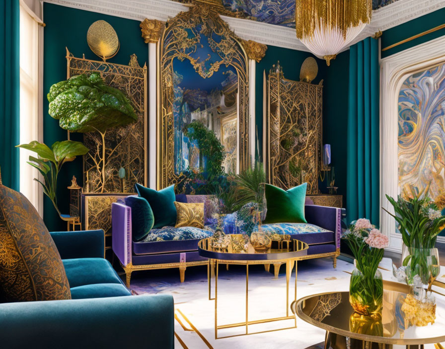 Luxurious Gold and Blue Room with Velvet Sofas and Ornate Decor