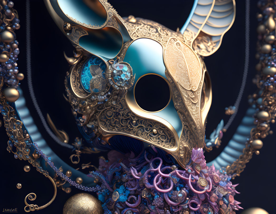 Intricate Golden Mask with Gemstones Among Colorful Sea Life