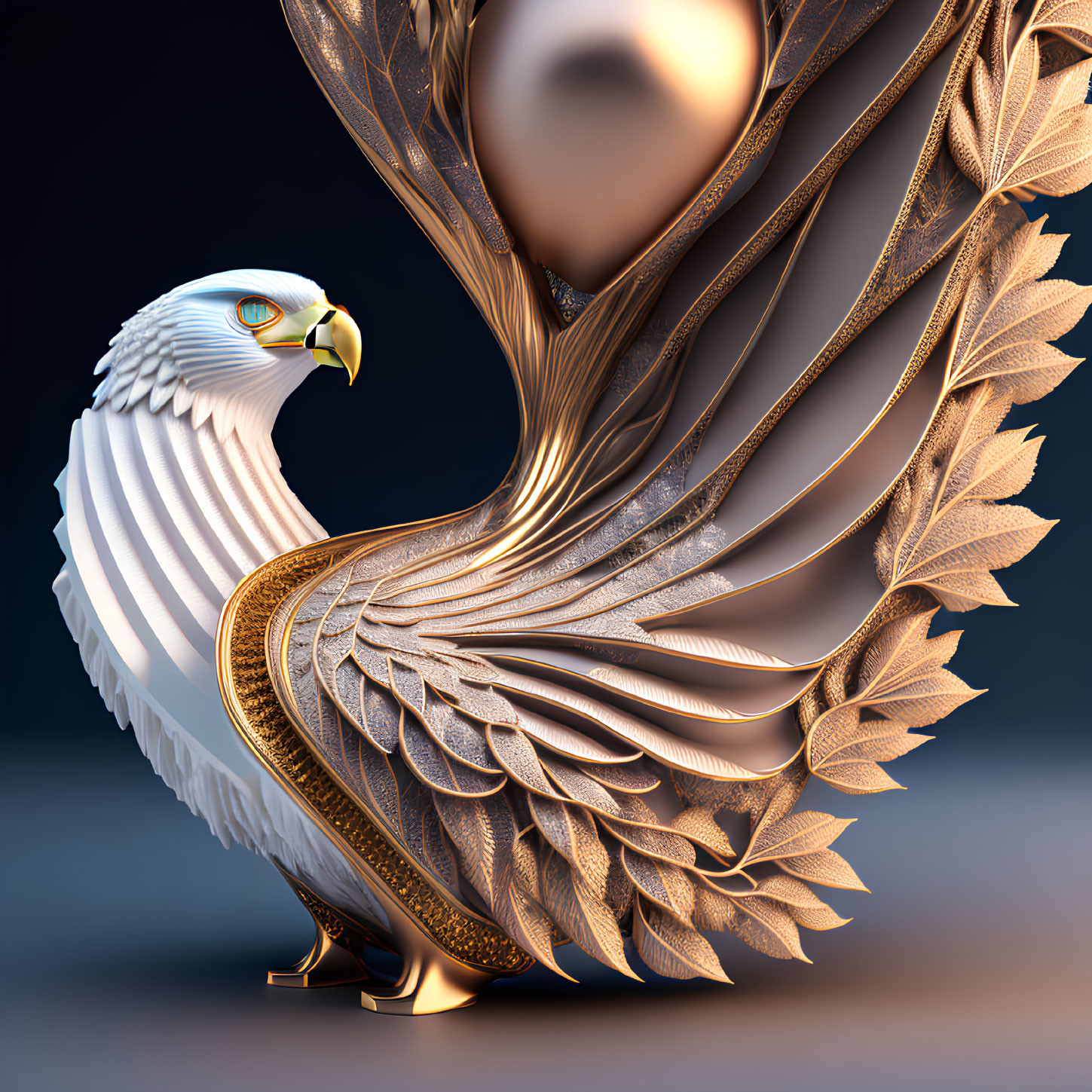 Majestic eagle digital art with gold and white metallic feathers