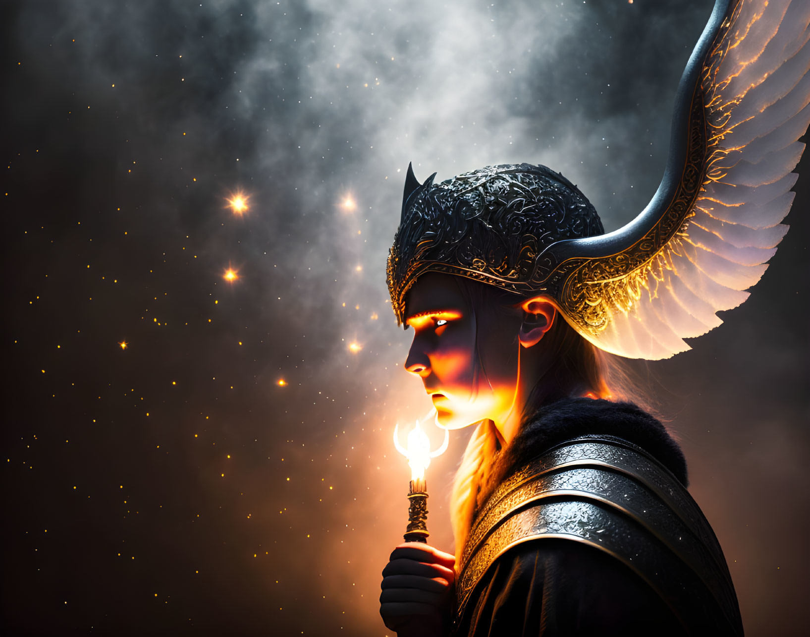 Person in horned helmet with lit torch against starry backdrop - mystical fantasy theme