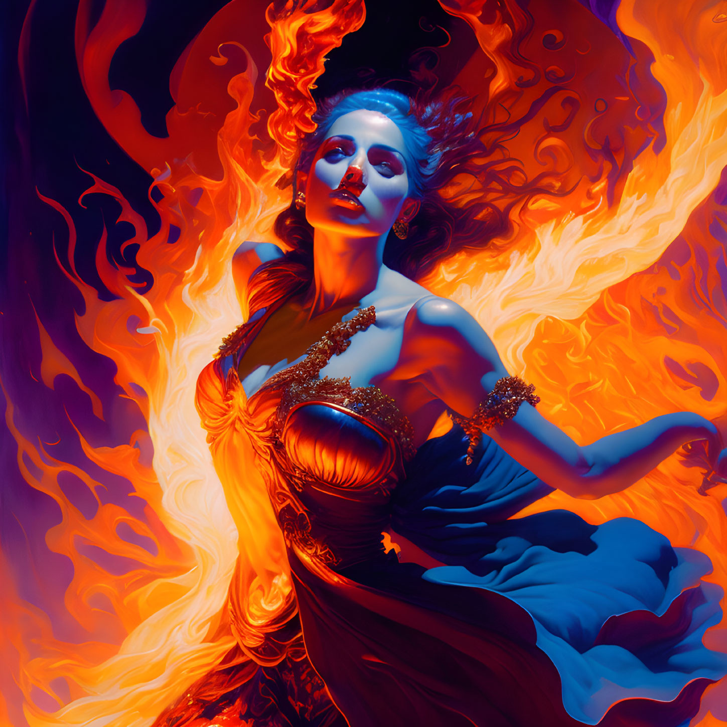 Woman surrounded by vibrant orange and blue flames in ornate dress.