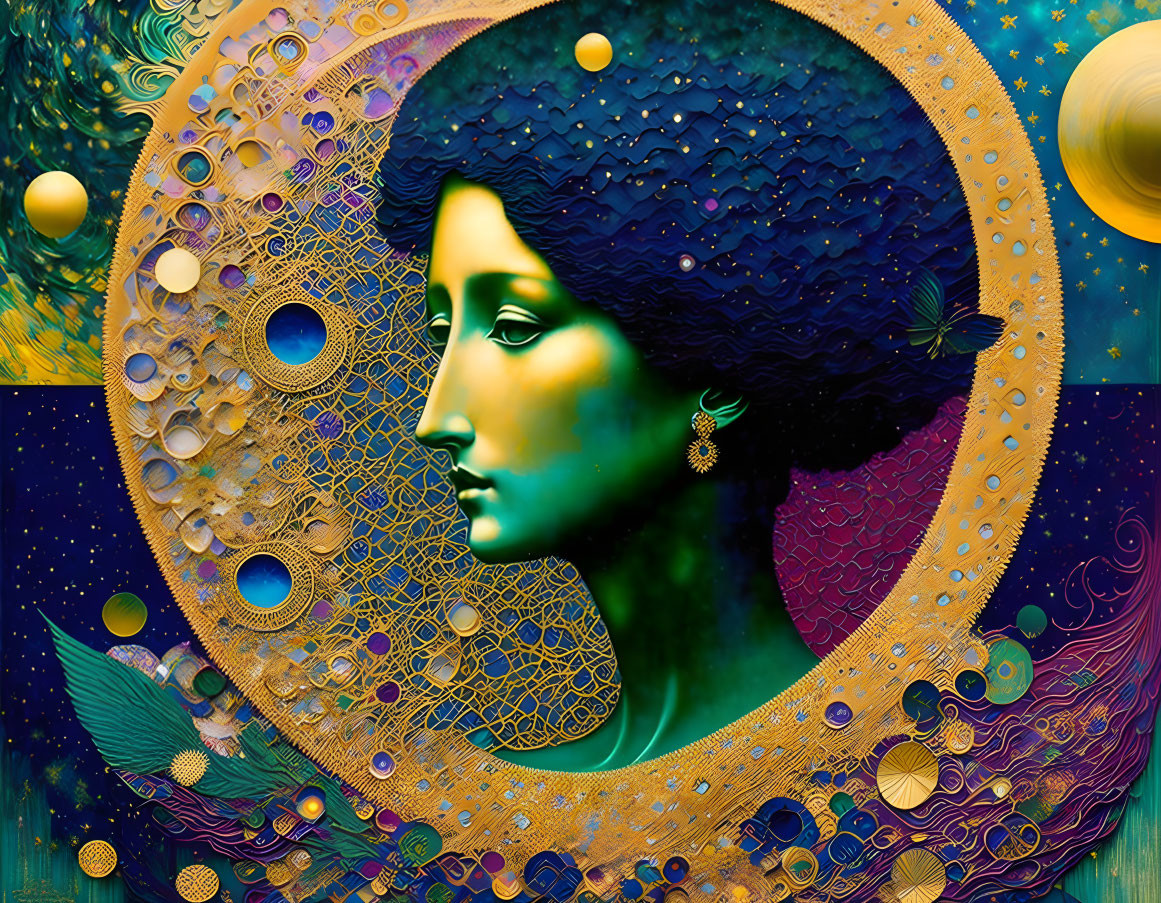 Colorful surreal portrait blending female silhouette with cosmic patterns.