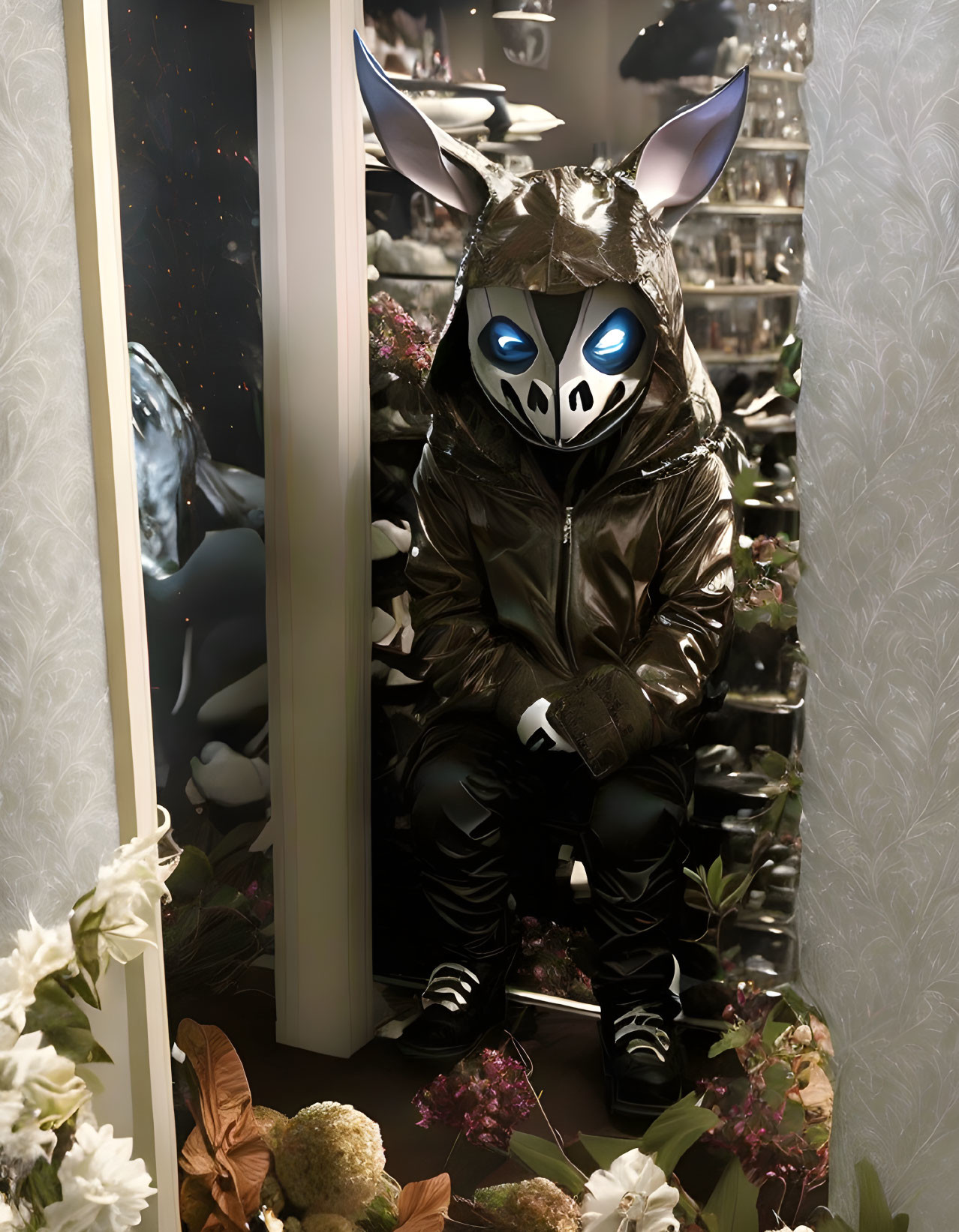 Stylized animal mask with glowing blue eyes in dark outfit surrounded by shoes and foliage